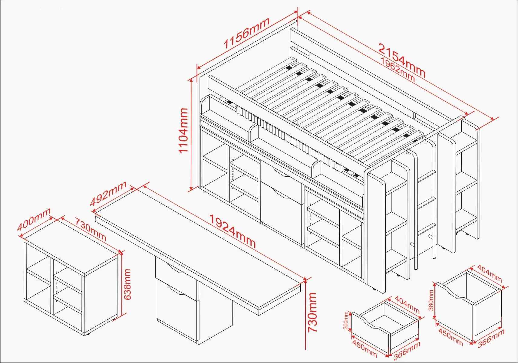 Dimensions diagram for Flair Micah Mid Sleeper Cabin Bed with Pull-Out Desk & Storage Oak & White