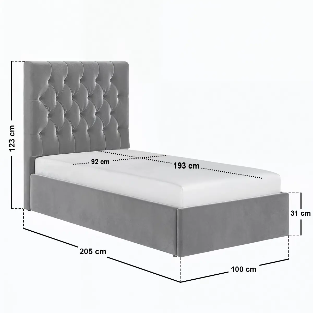 Dimensions diagram for Flair Milan Single Velvet Ottoman Bed Grey