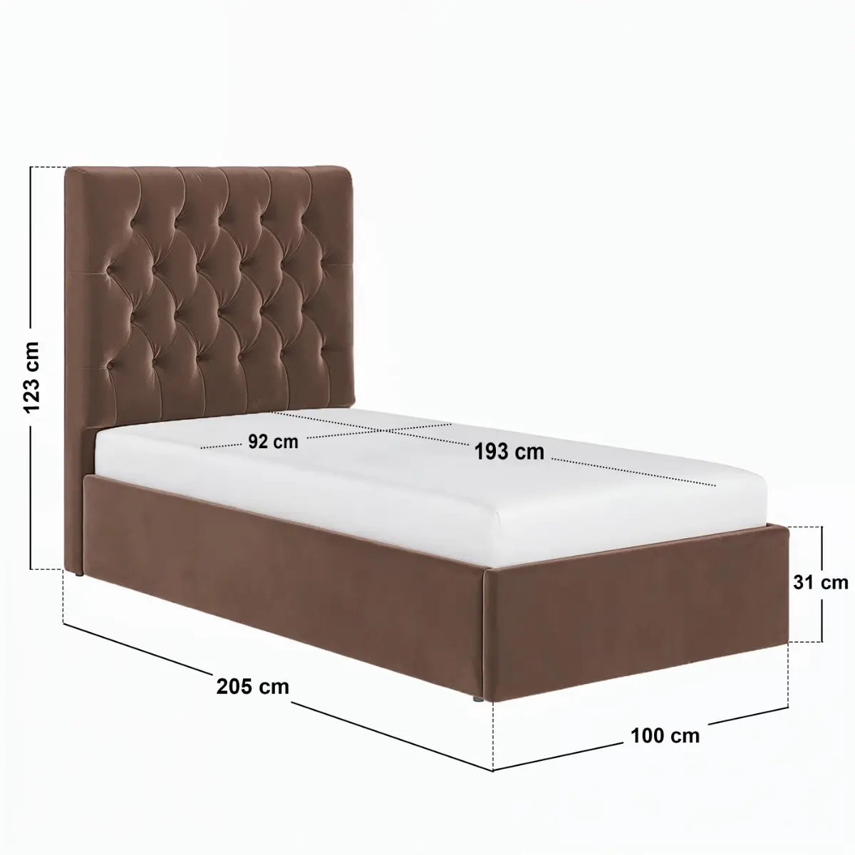 Dimensions diagram for Flair Milan Single Velvet Ottoman Bed-Brown