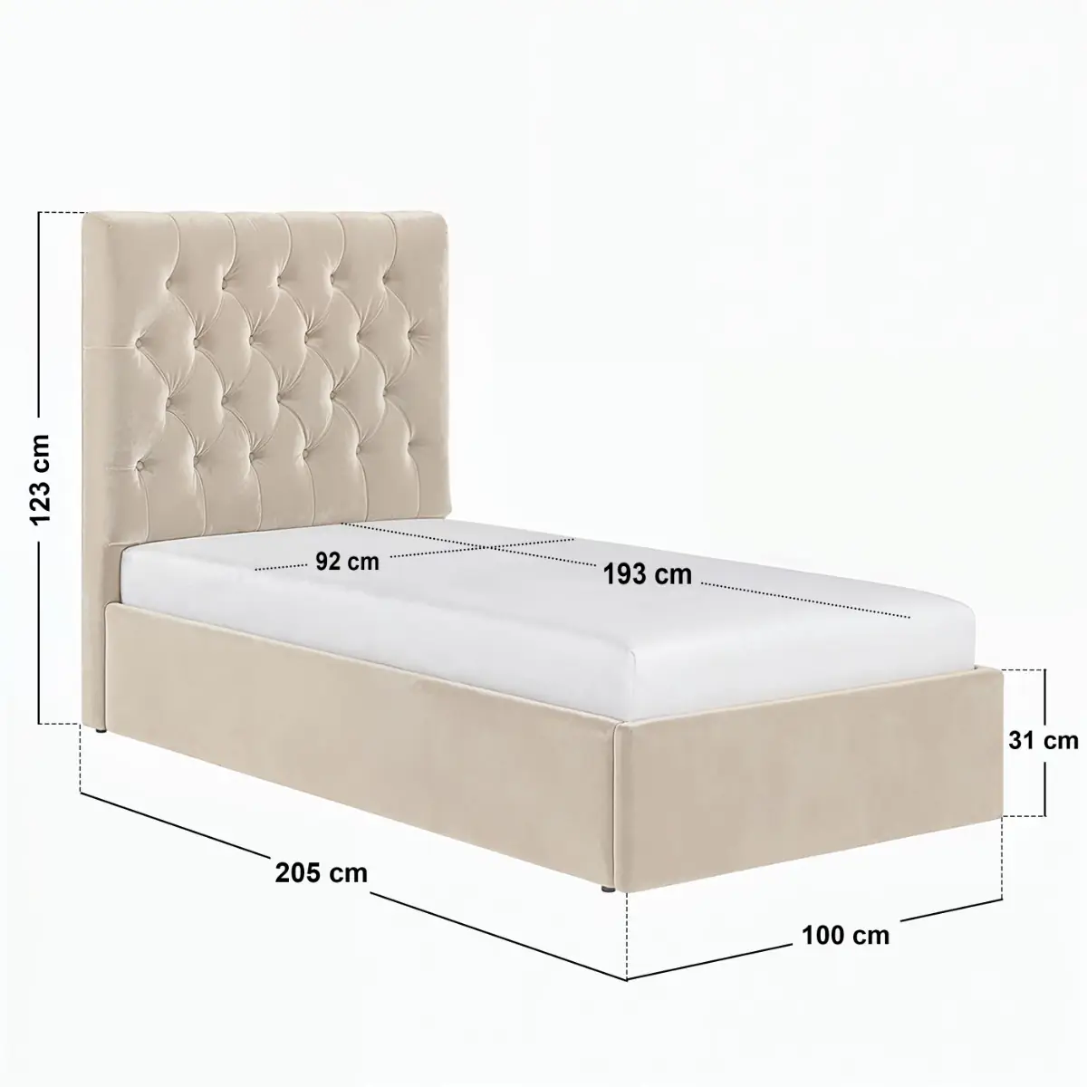 Dimensions diagram for Flair Milan Single Velvet Ottoman Bed with Chesterfield-Style Headboard 