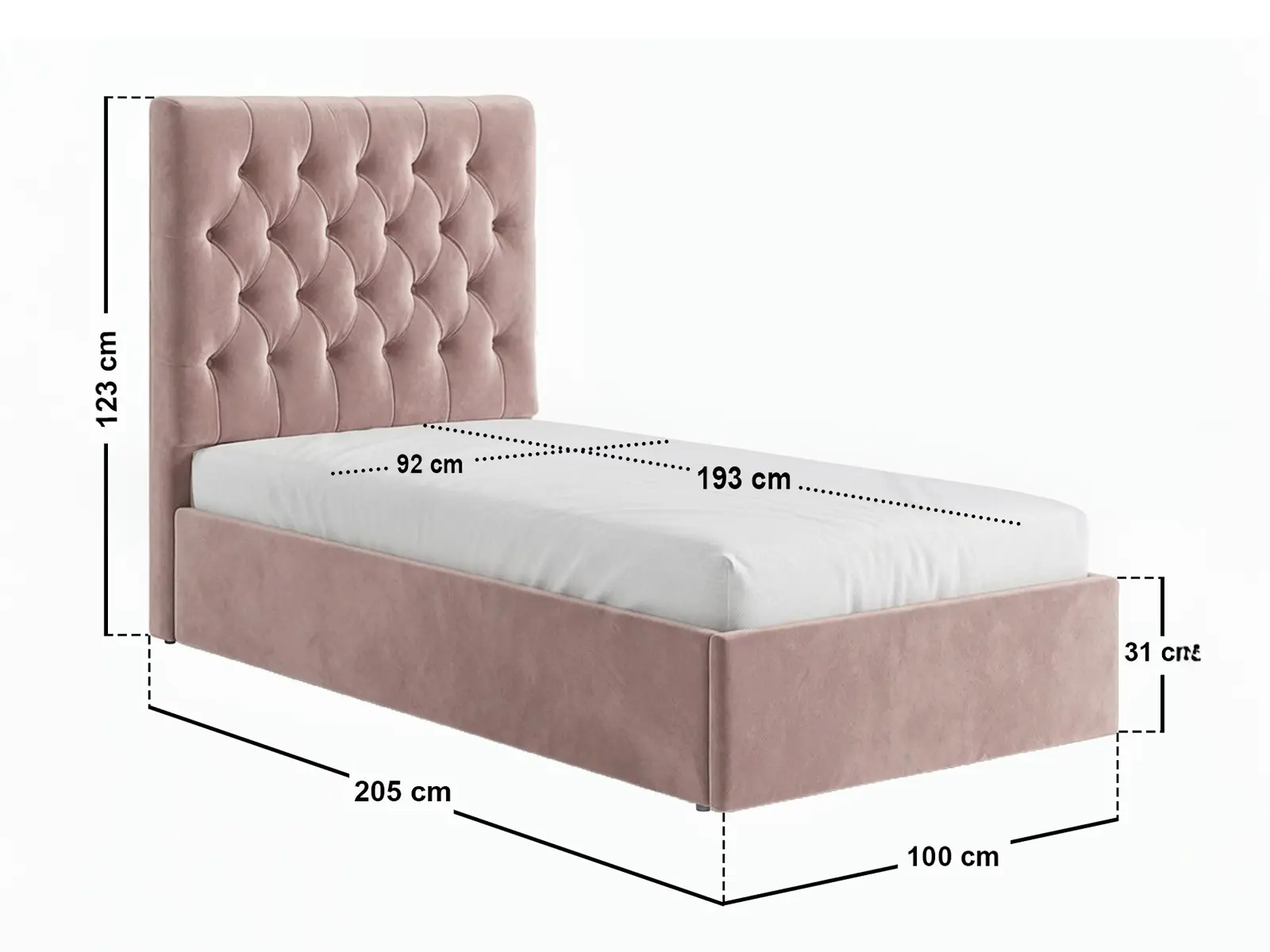 Dimensions diagram for Flair Milan Single Velvet Ottoman Bed Pink