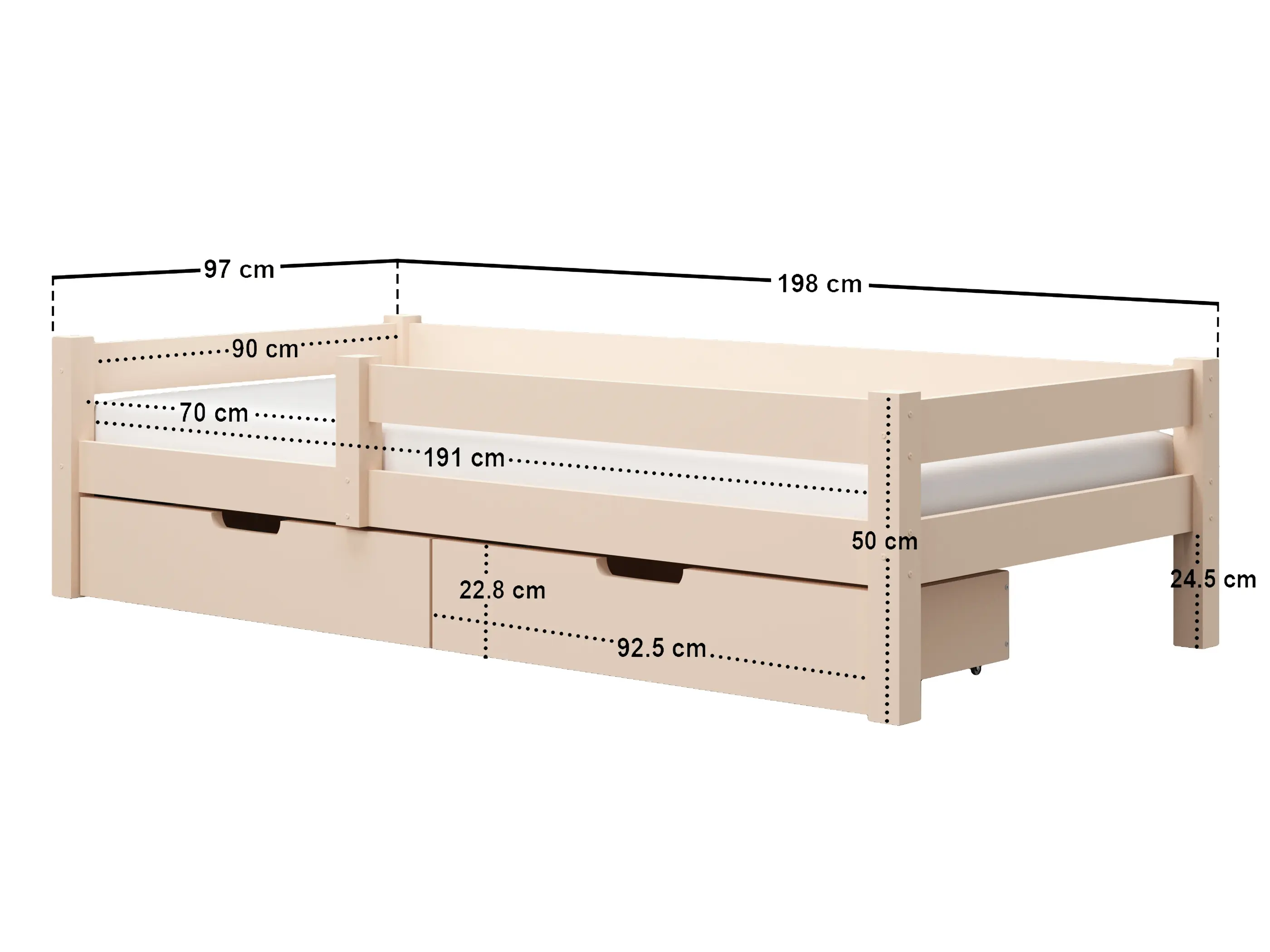 Dimensions diagram for Flair Milo Single Bed with Storage Pine Warm Beige