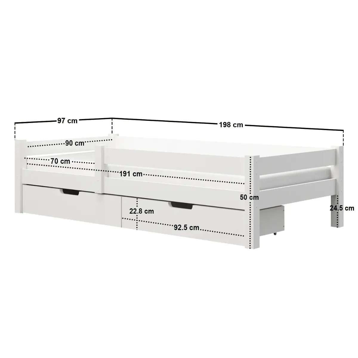 Dimensions diagram for Flair Milo Single Bed with Storage Pine White