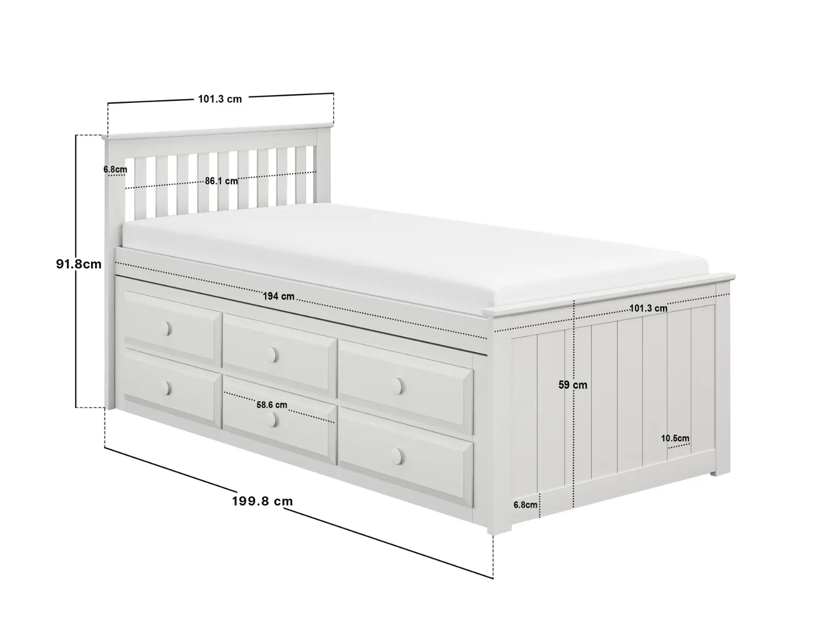 Dimensions diagram for Flair Montana Captain's Bed with Drawers & Trundle White