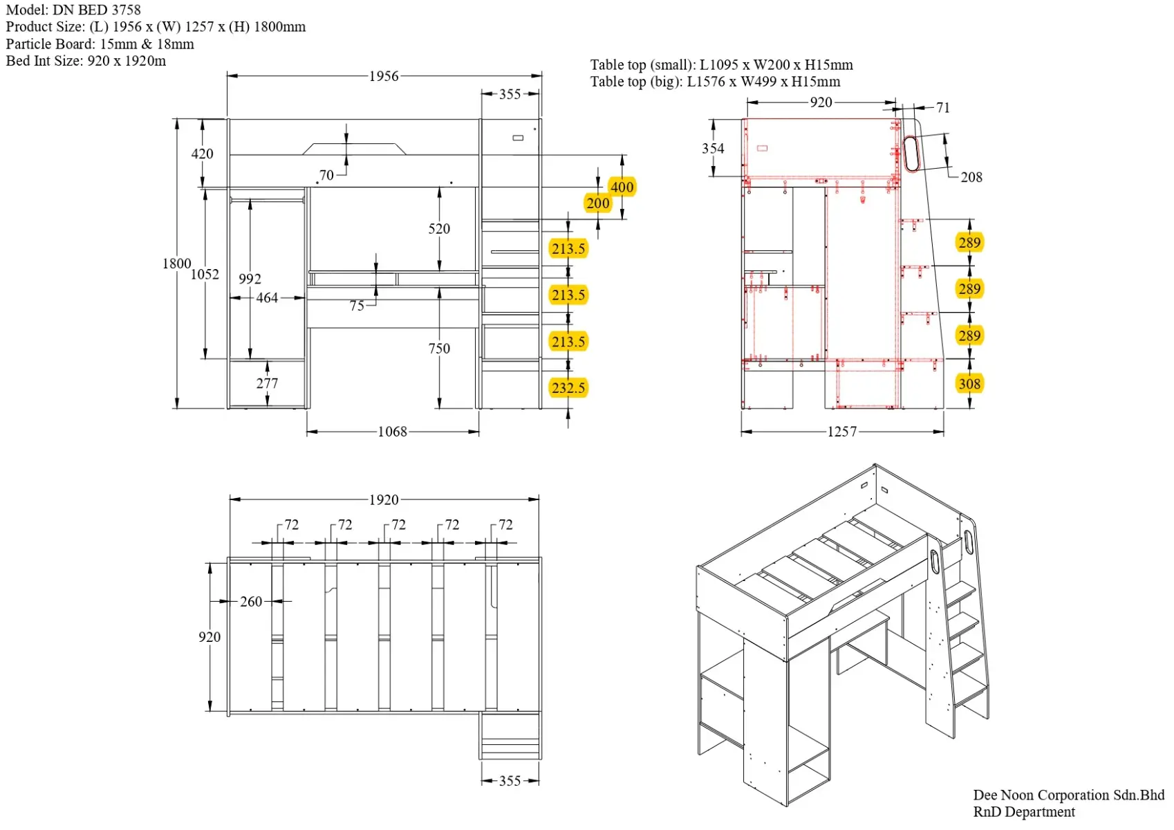 Dimensions diagram for Flair Coco Gaming High Sleeper with Desk and Wardrobe Oak & White