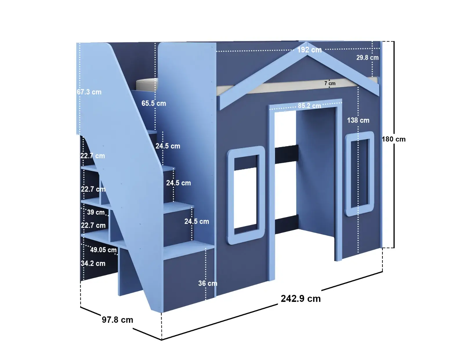 Dimensions diagram for Flair Nixon Playhouse Staircase High Sleeper with Storage