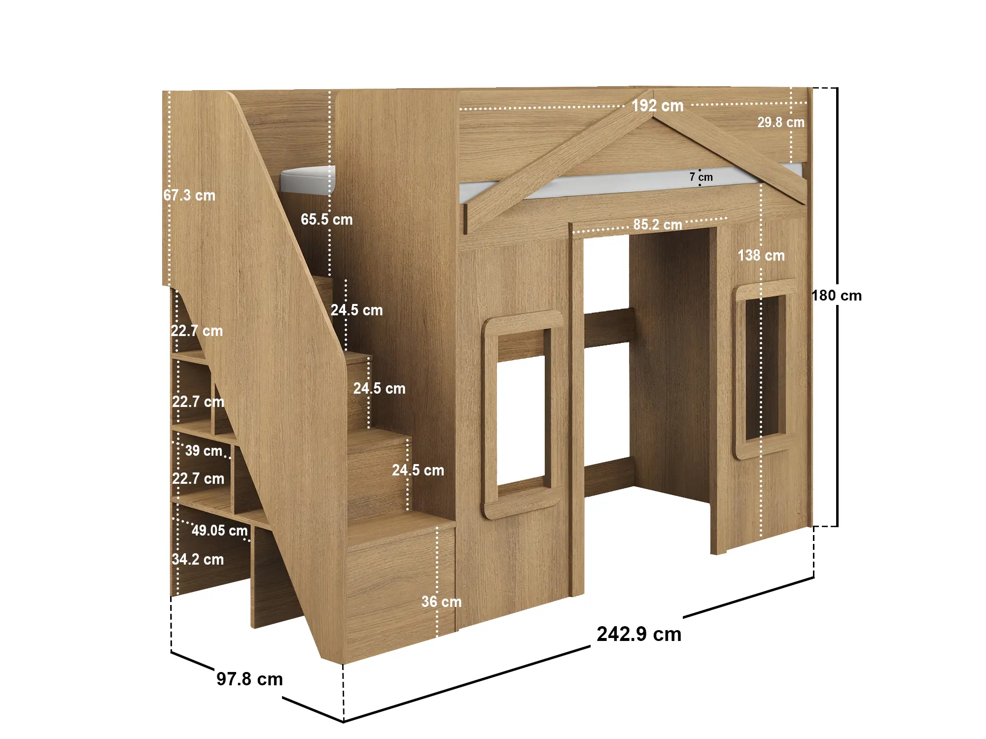 Dimensions diagram for Flair Nixon Playhouse High Sleeper with Storage Oak