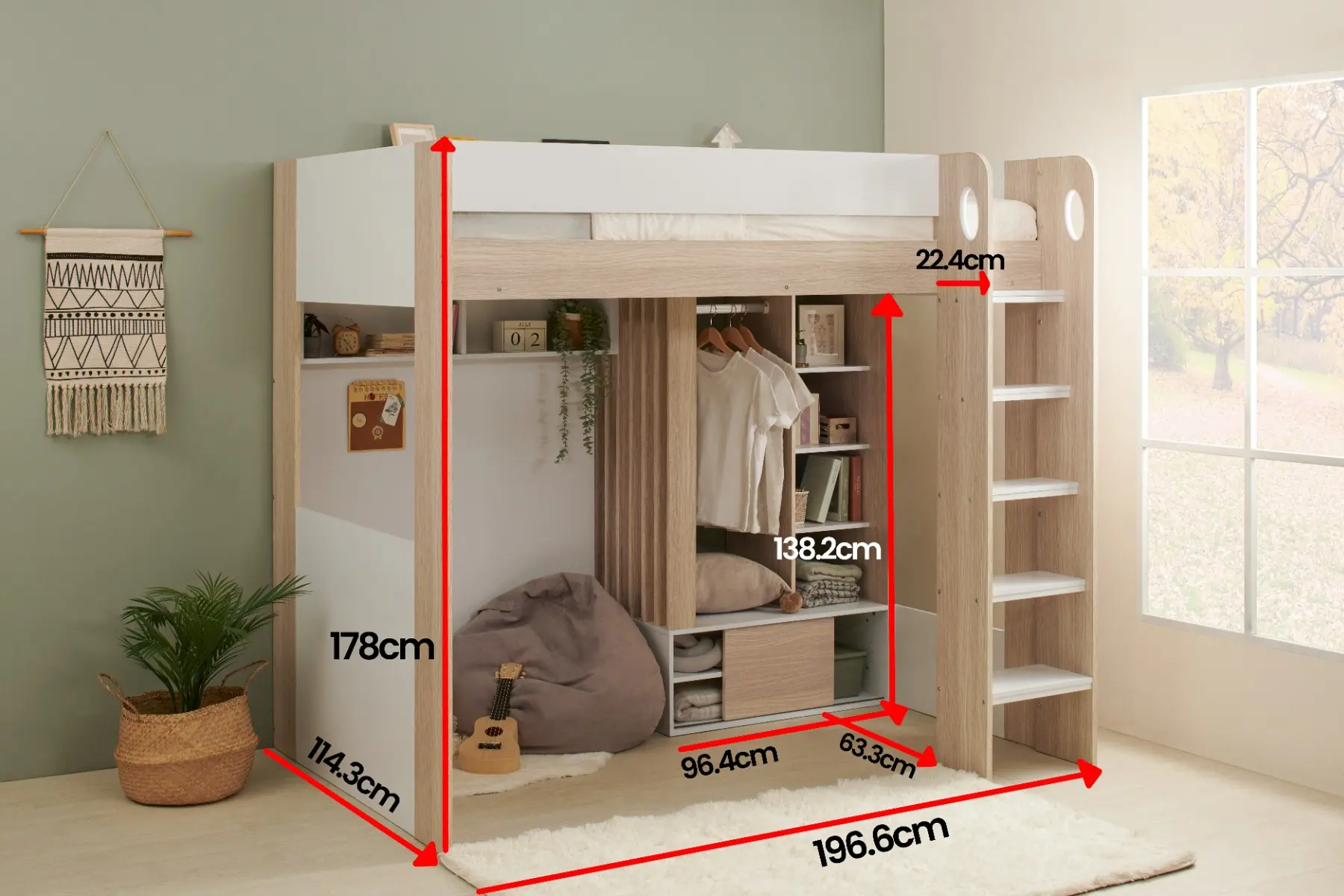 Dimensions diagram for Flair Hampton High Sleeper with Wardrobe White & Oak