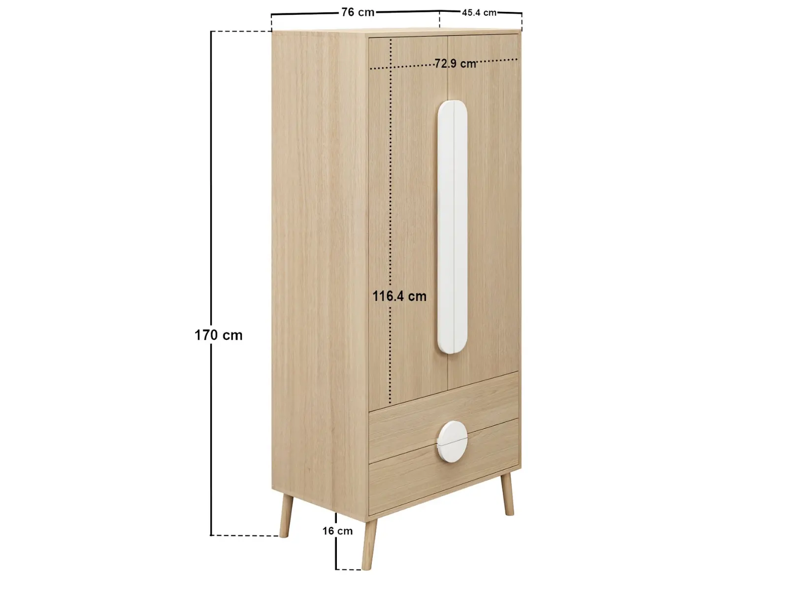 Dimensions diagram for Flair Noah 2 Door Wardrobe with 2 Drawers