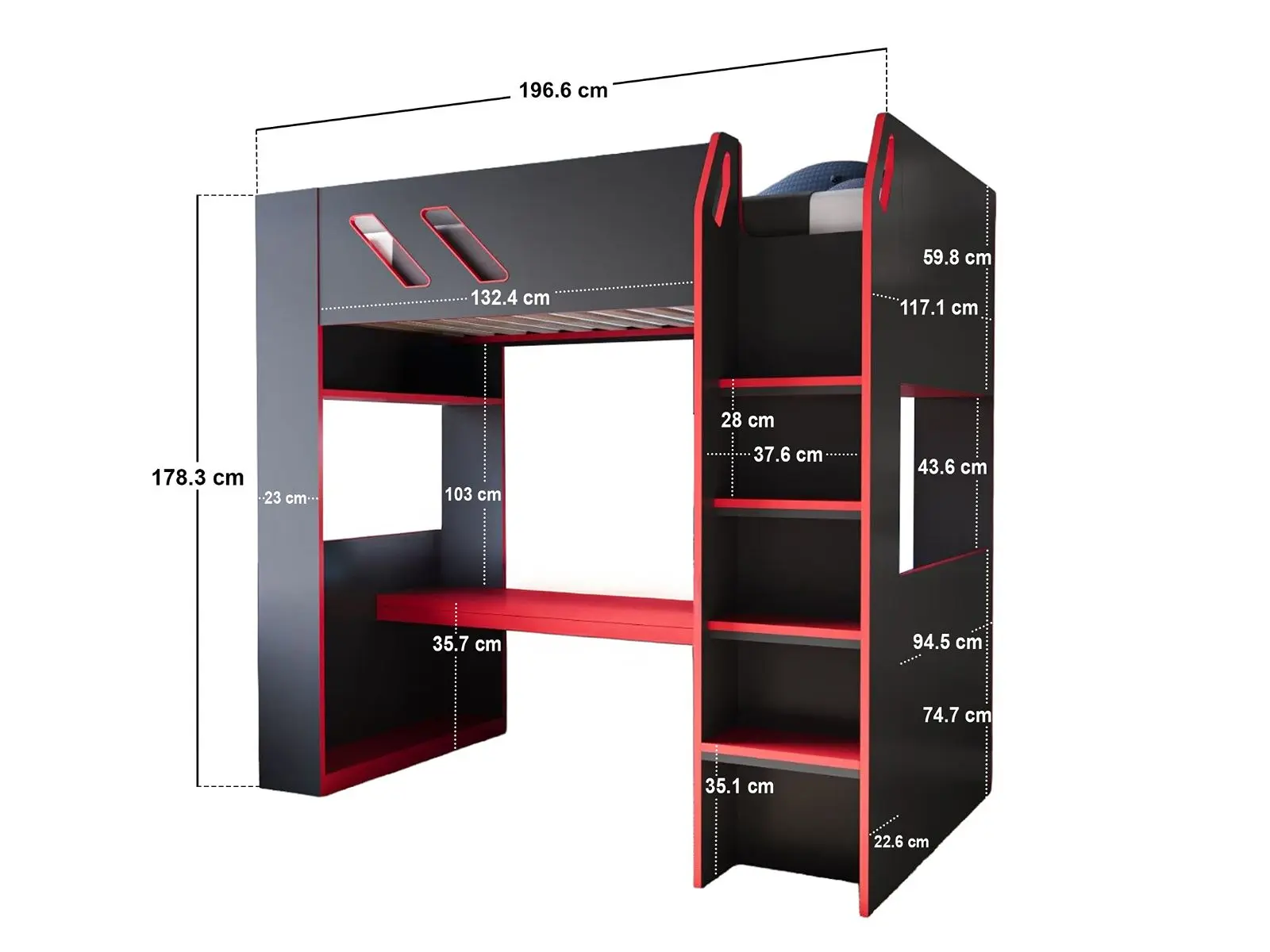 Dimensions diagram for Recoil Orbit Gaming High Sleeper with Height-Adjustable Desk Black & Red 