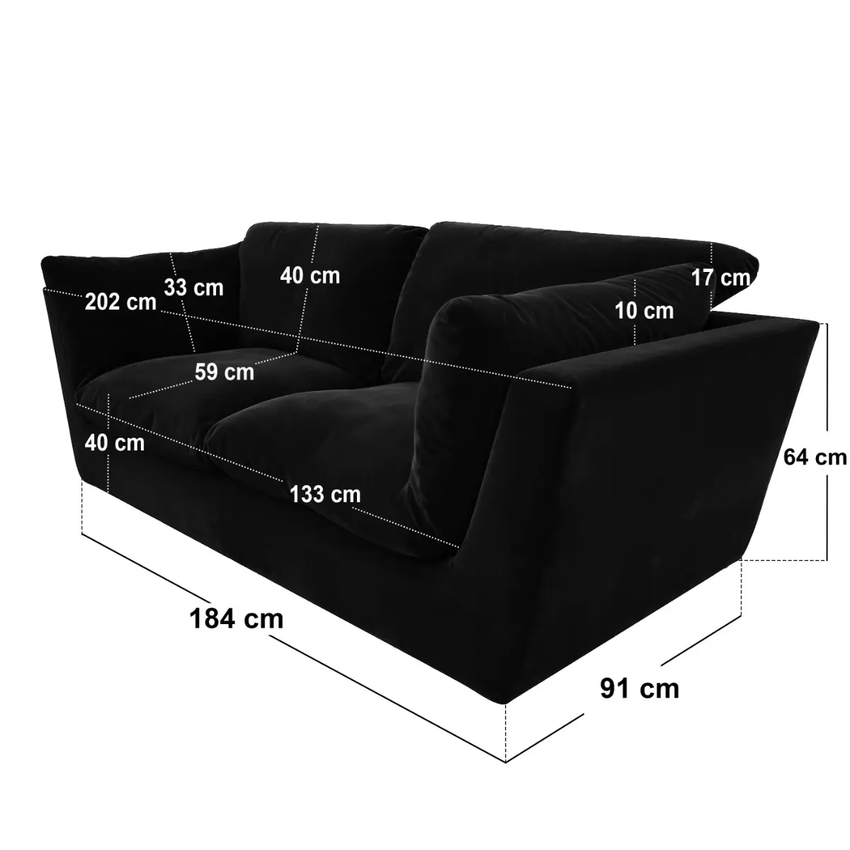 Dimensions diagram for SOLACE+CO Orson 3 Seater Sofa Black Velvet