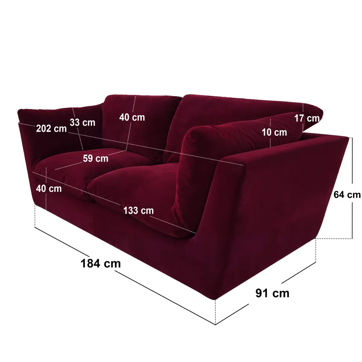 Dimensions diagram for SOLACE+CO Orson 3 Seater Sofa Burgundy Velvet