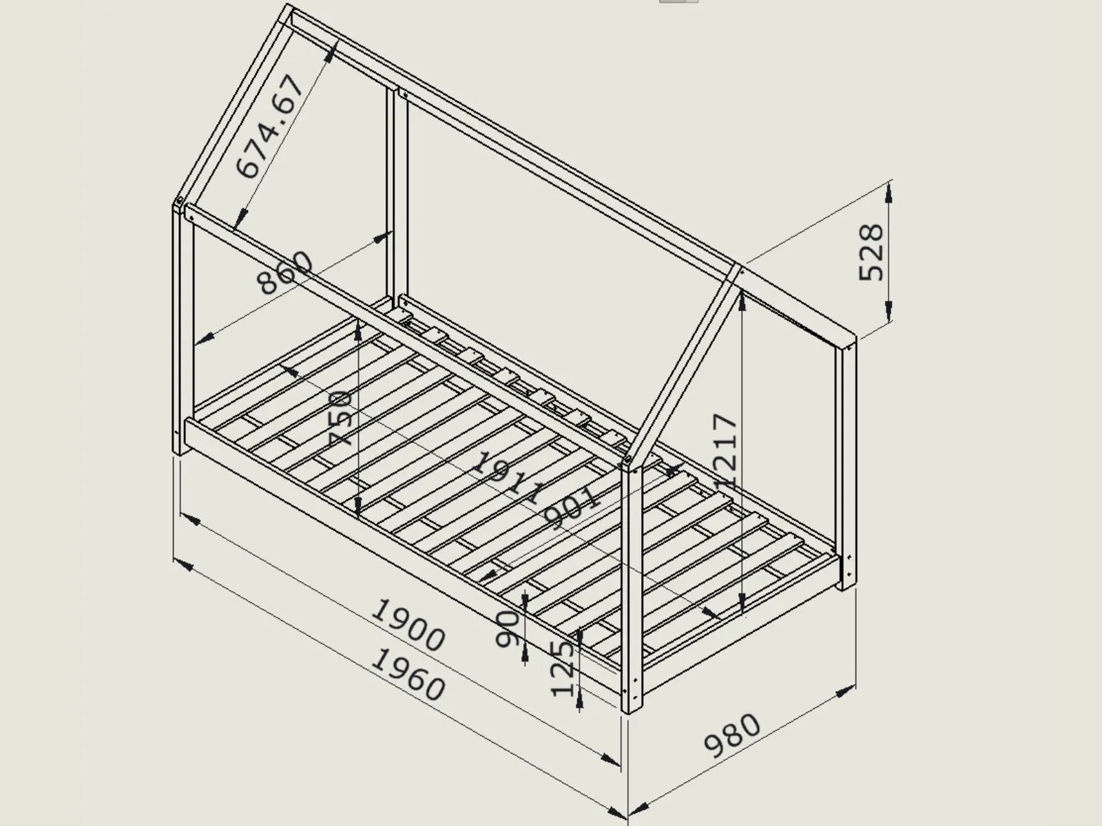 Dimensions diagram for Flair Play House Floor Bed Frame White
