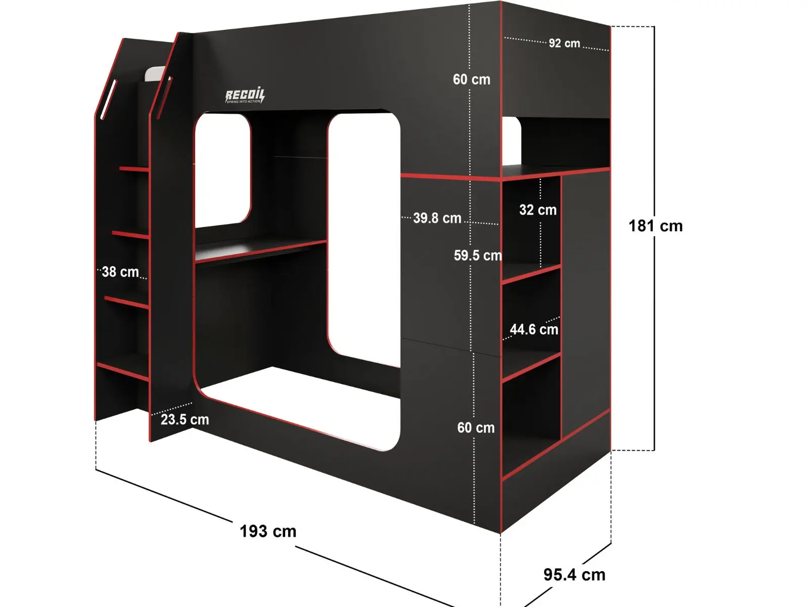Dimensions diagram for Recoil Meridian Gaming High Sleeper with Storage Black & Red