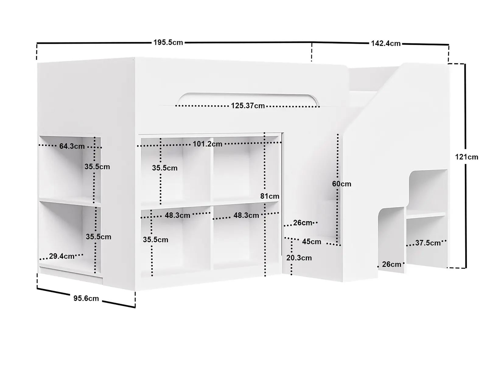 Dimensions diagram for Flair Quinn Staircase Mid Sleeper Bed with Storage White