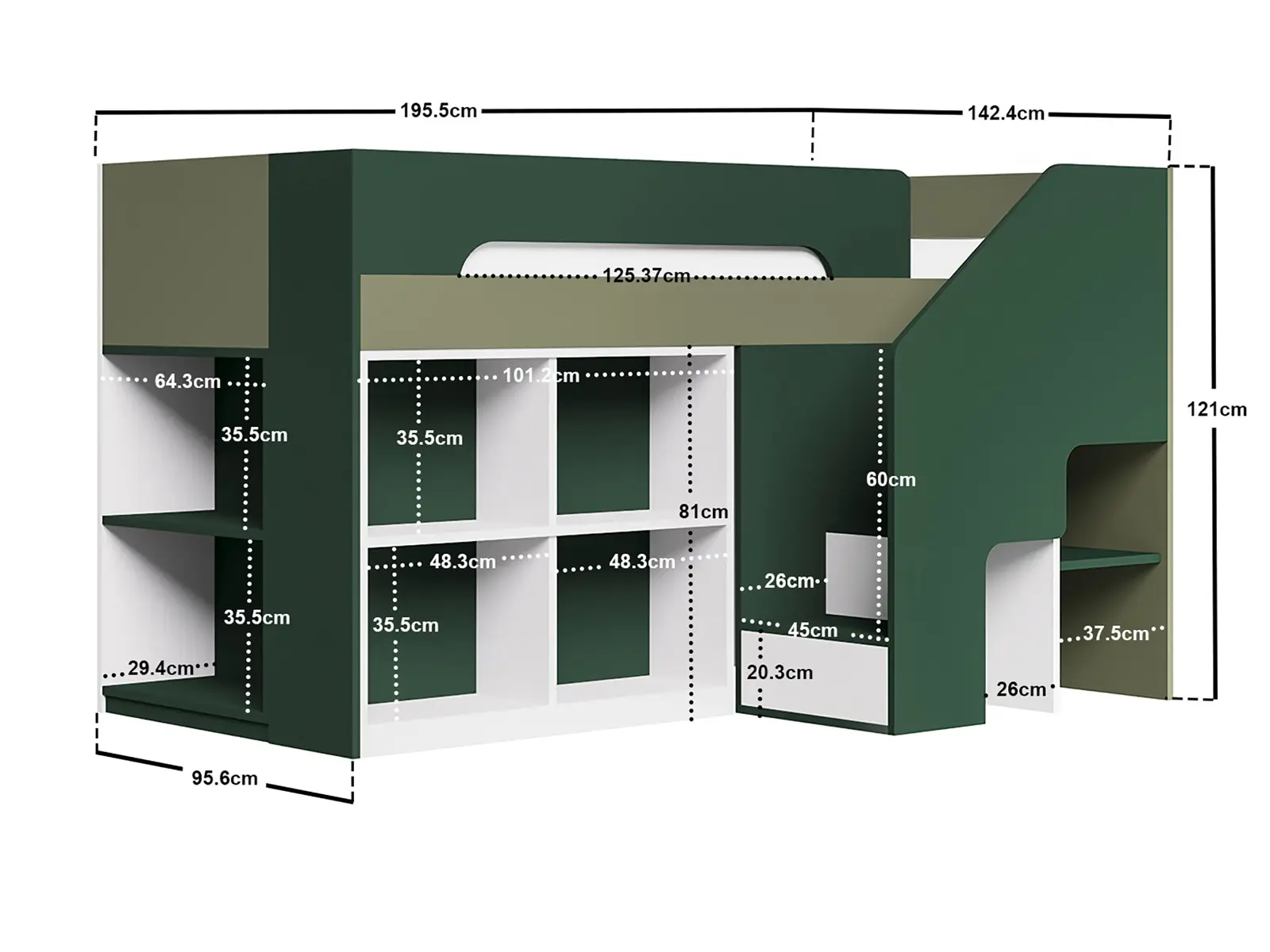 Dimensions diagram for Flair Quinn Staircase Mid Sleeper Bed with Storage Green