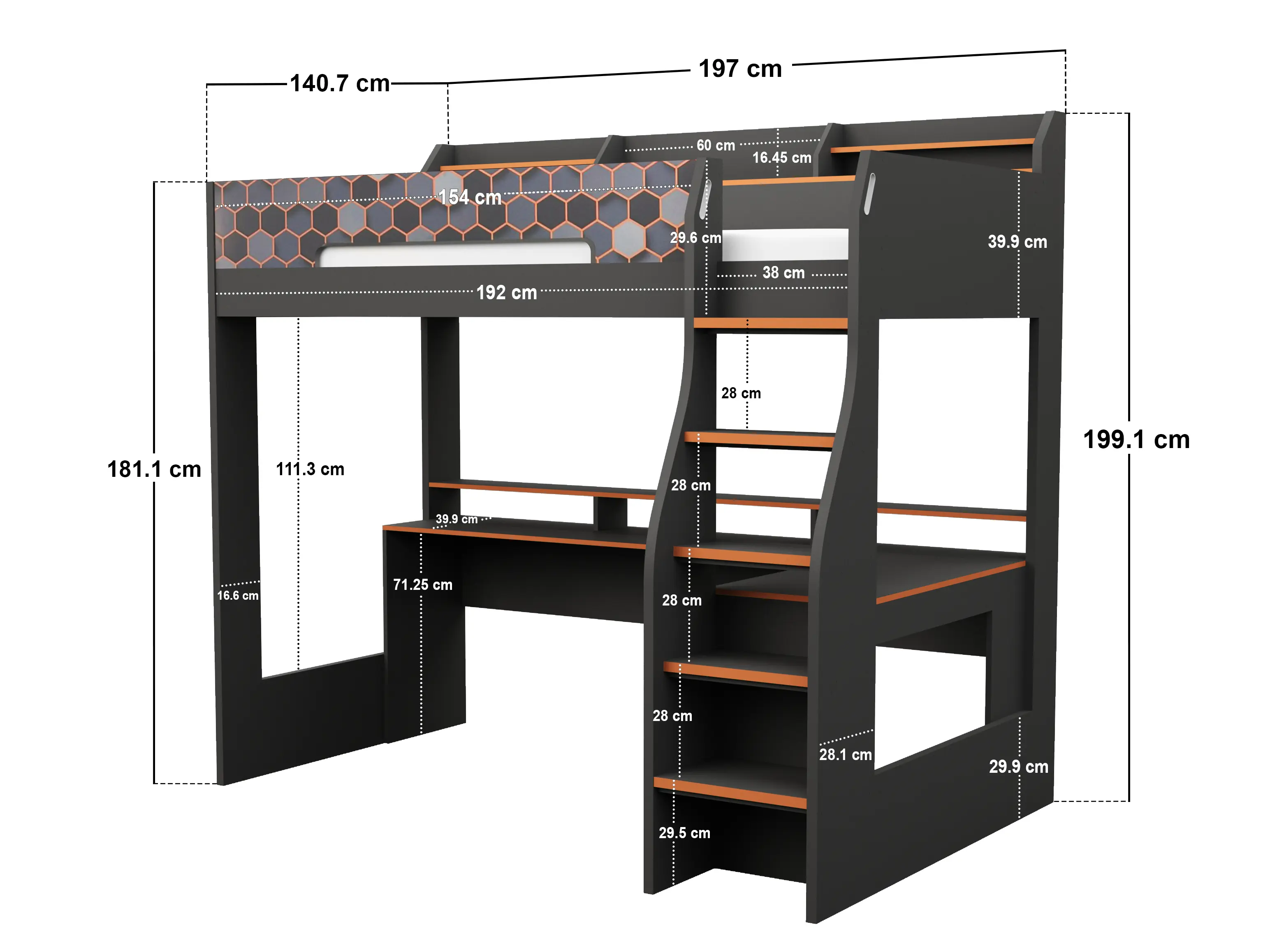 Dimensions diagram for Recoil Ultimate Lumi Gaming High Sleeper with Desk Charcoal & Orange Small Double