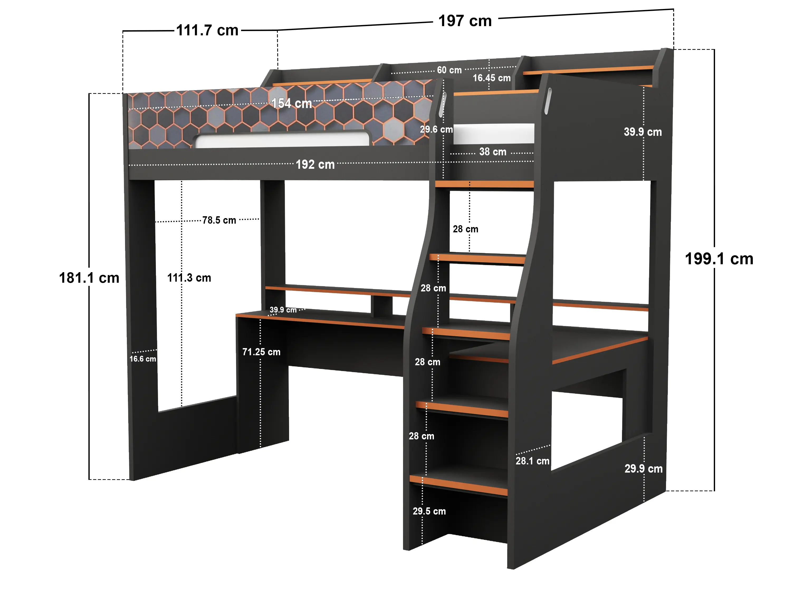 Dimensions diagram for Recoil Ultimate Lumi Gaming High Sleeper with Desk Charcoal & Orange Single