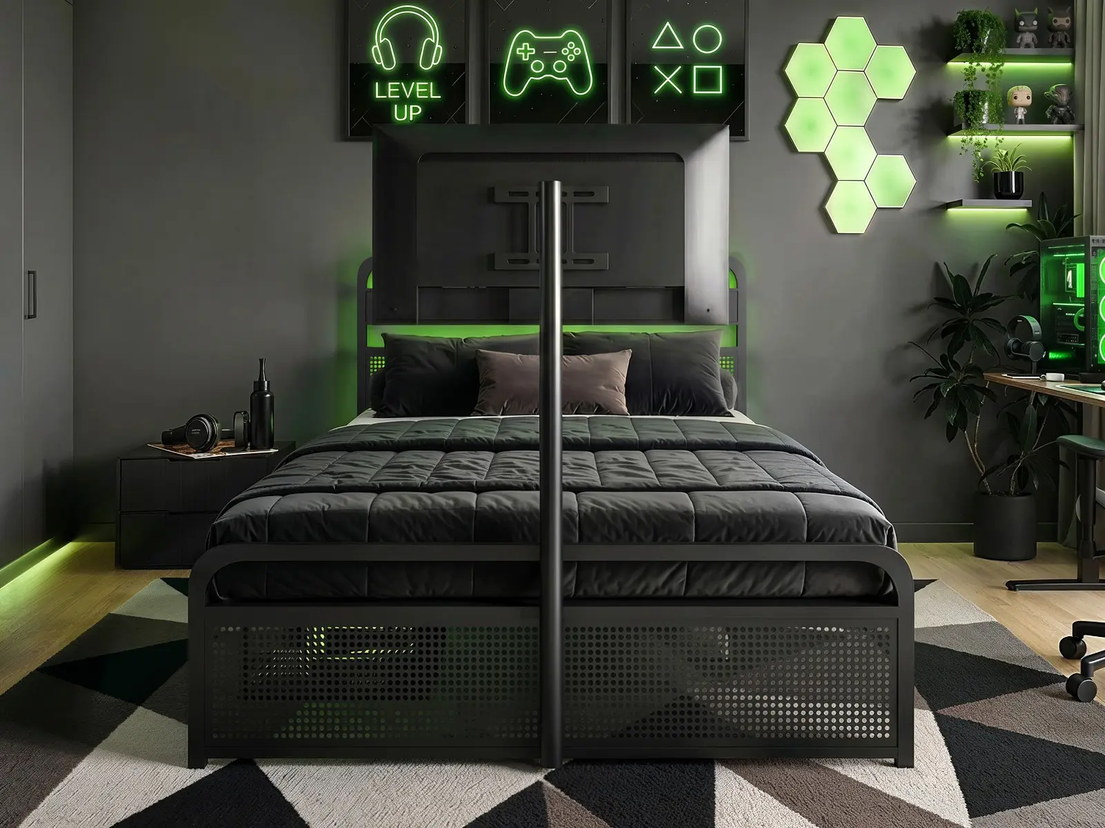 Dimensions diagram for Recoil Panther Gaming TV Bed with LED Lights & Storage Black Metal