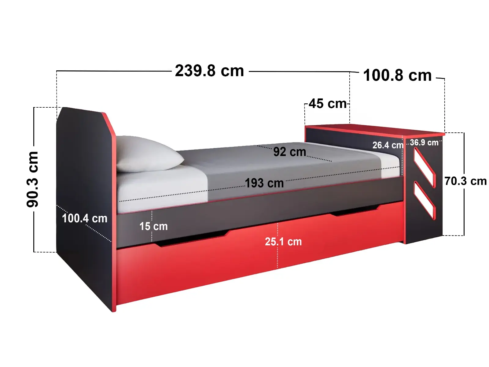 Dimensions diagram for Recoil Portal Gaming Single Bed with Drawer Black & Red