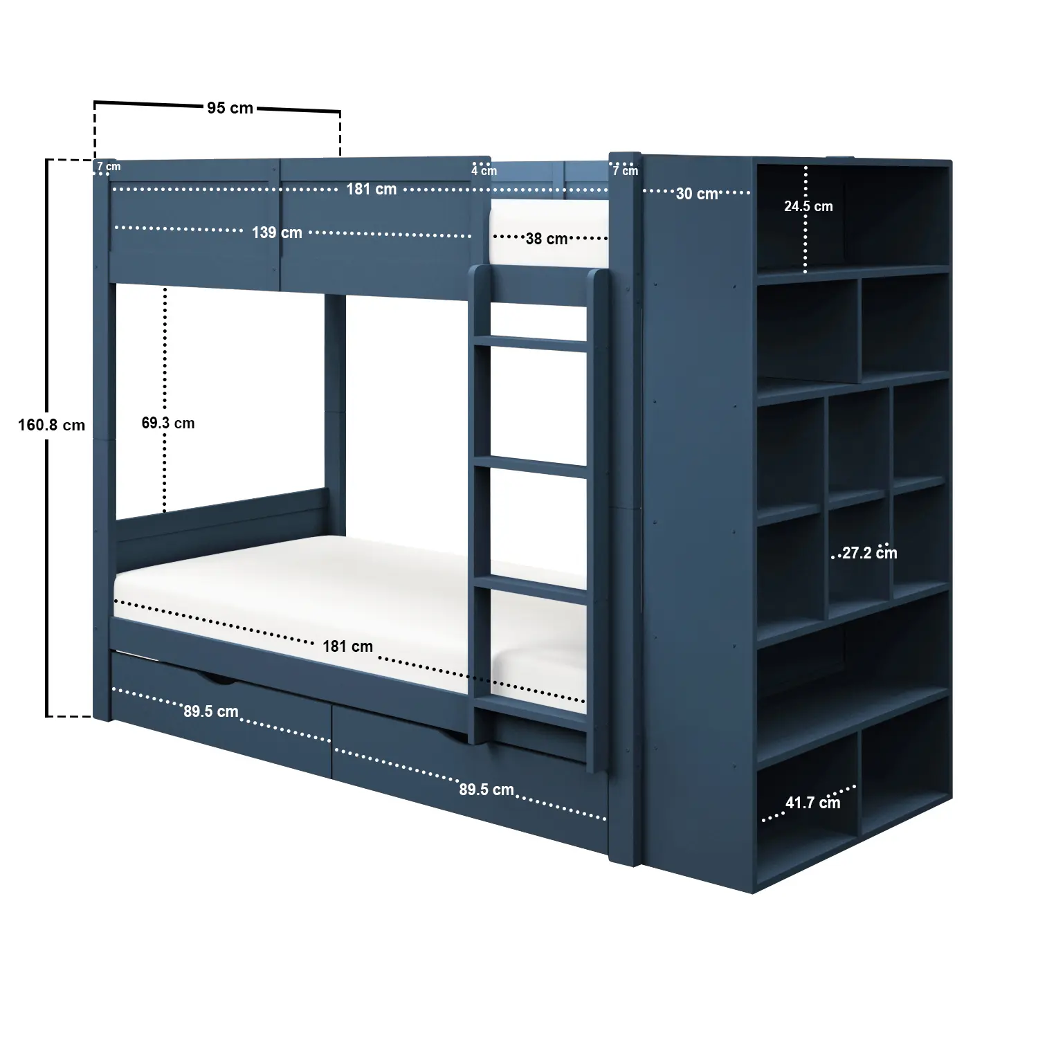 Dimensions diagram for Flair Ruby Wooden Bunk Bed with Storage Blue