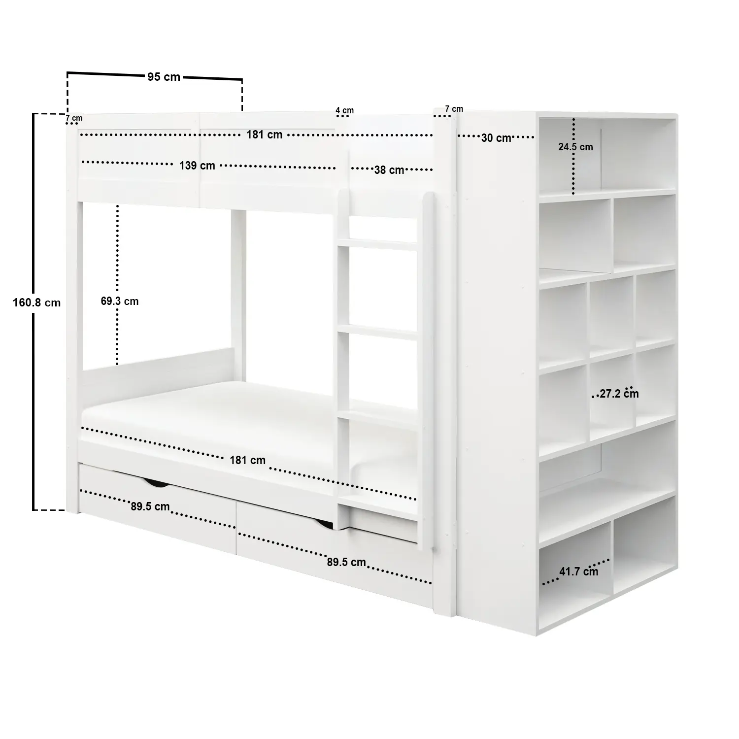 Dimensions diagram for Flair Ruby Wooden Bunk Bed with Storage White
