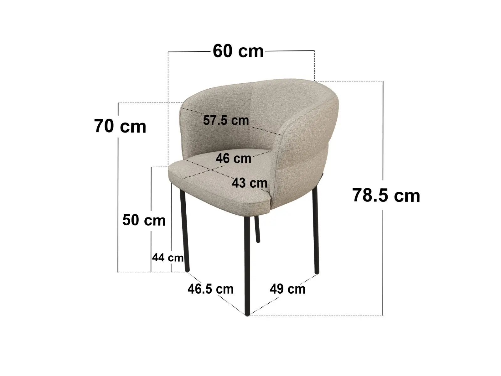 Dimensions diagram for SOLACE+CO Elise Set of 2 Curved Upholstered Dining Chairs Beige