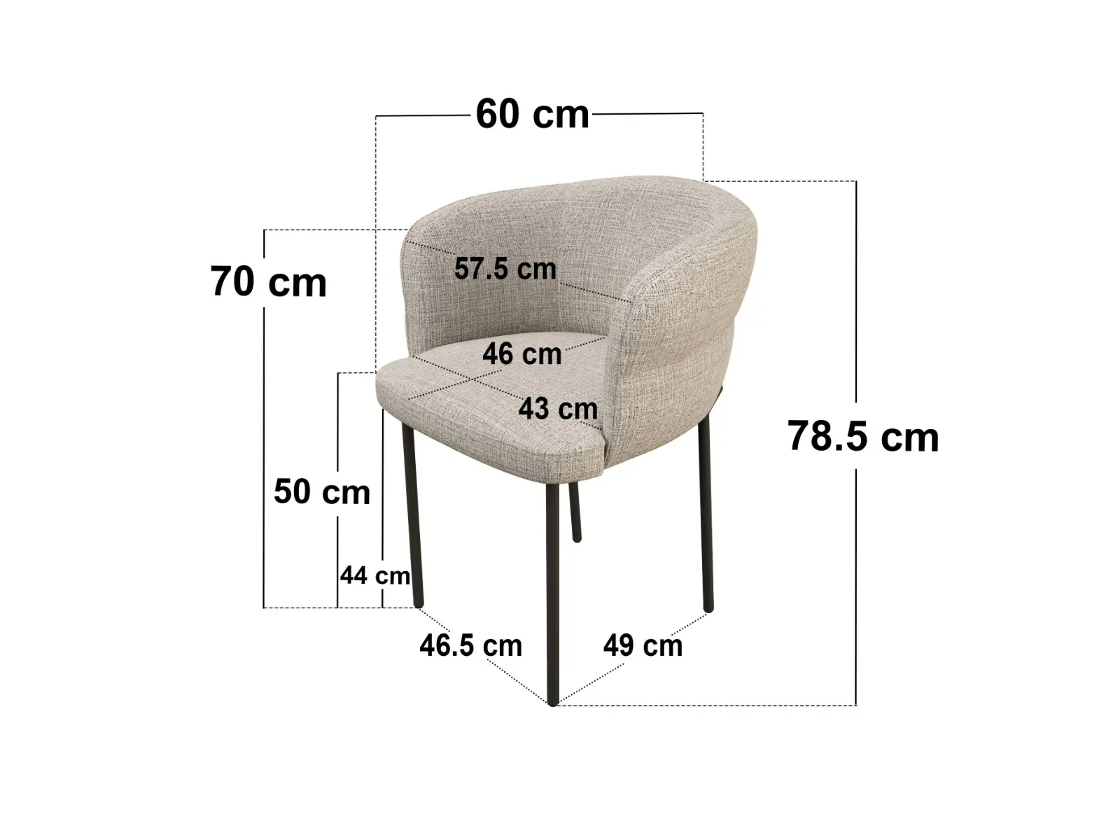 Dimensions diagram for SOLACE+CO Elise Set of 2 Curved Back Chenille Dining Chairs Light Brown