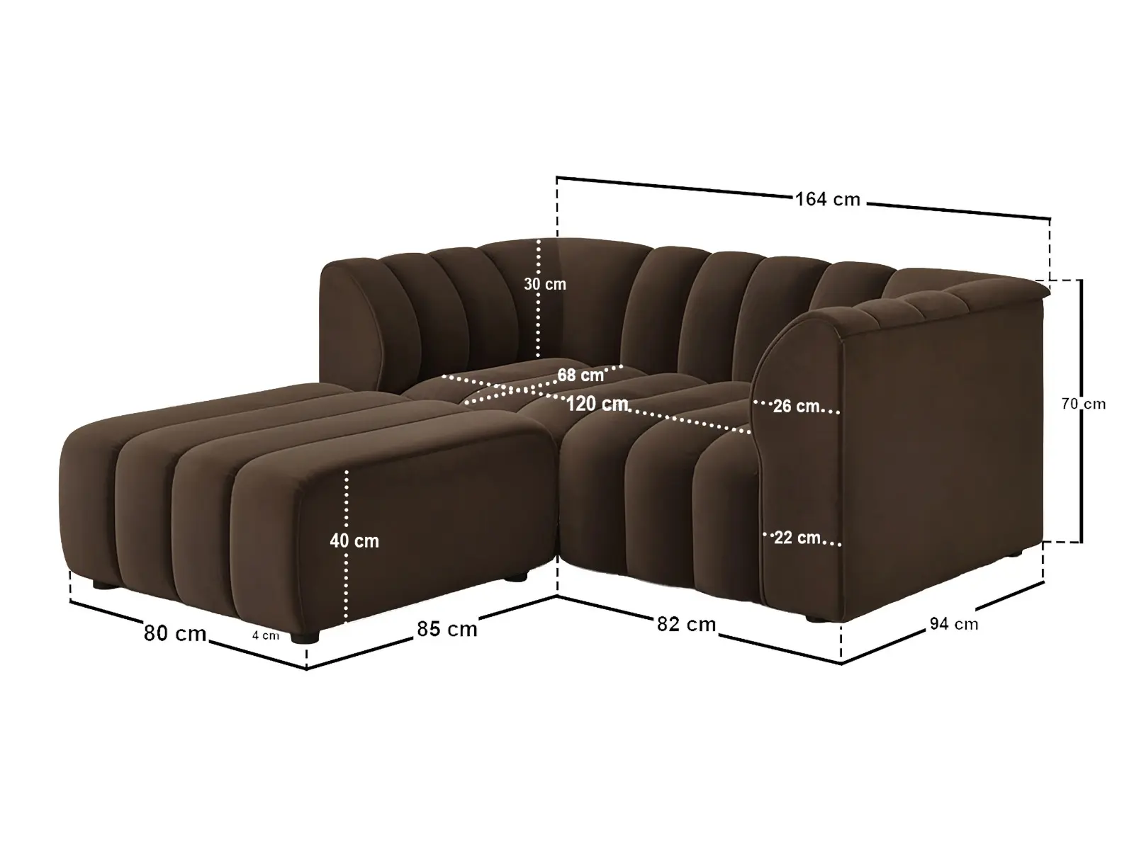 Dimensions diagram for SOLACE+CO Halle Channel Tufted 2 Seater Sofa with Footstool Brown Velvet