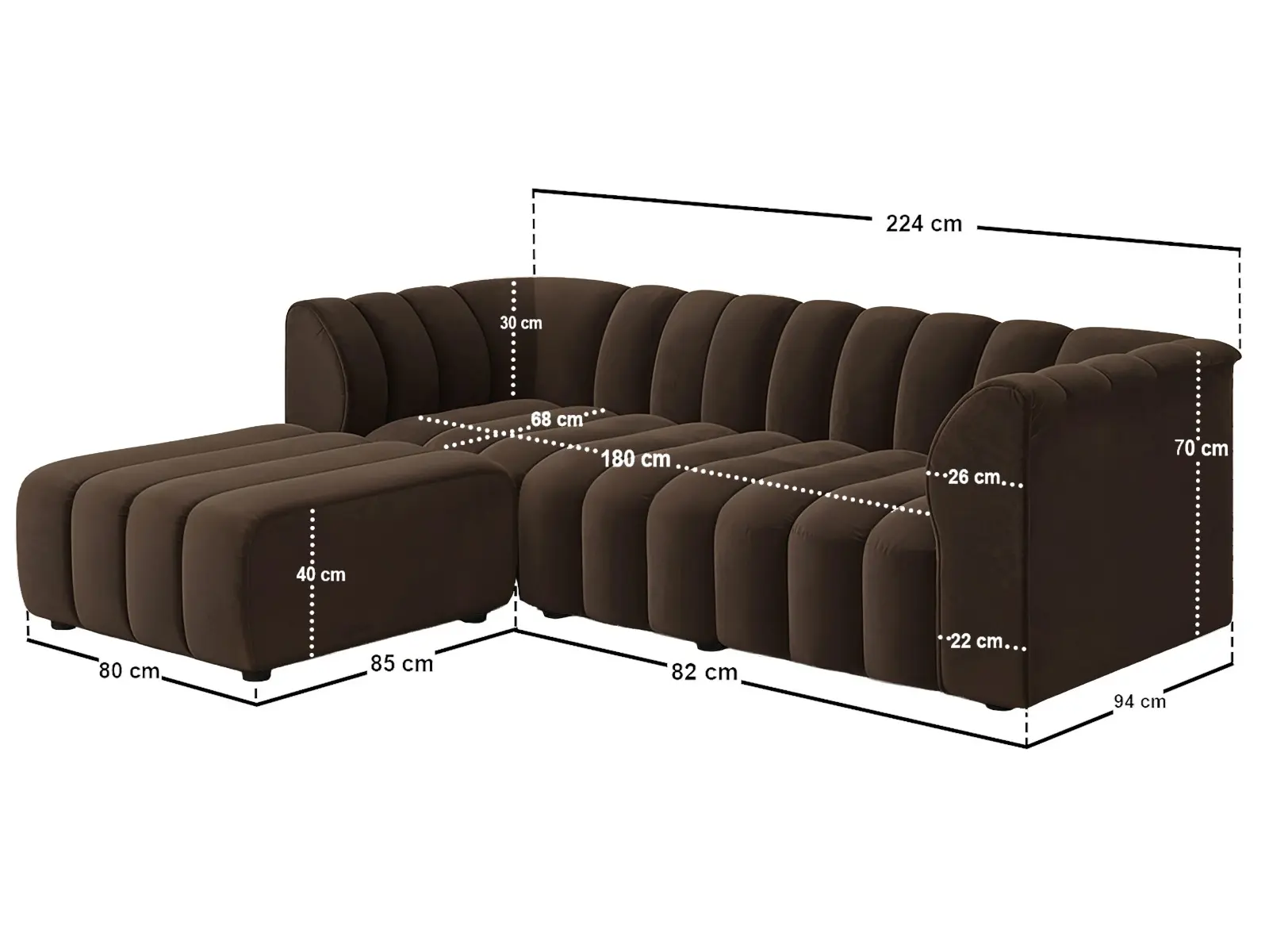 Dimensions diagram for SOLACE+CO Halle Channel Tufted 3 Seater Sofa with Footstool Velvet Brown