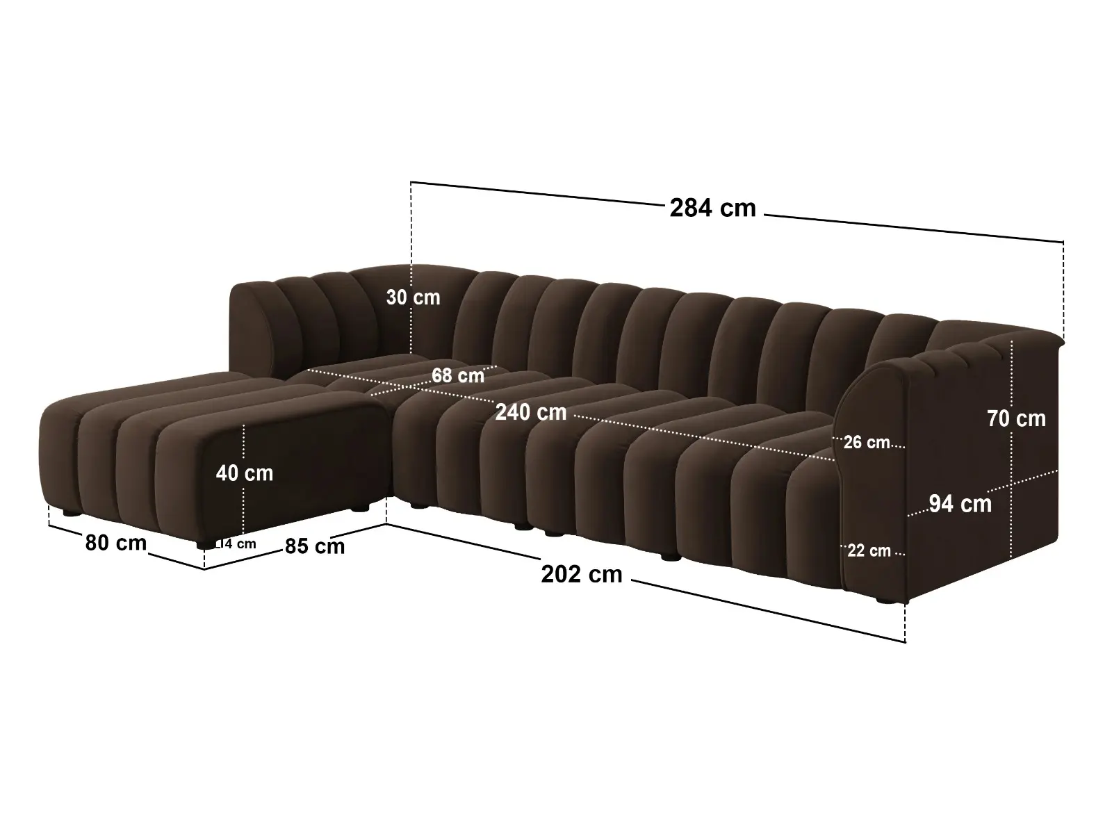 Dimensions diagram for SOLACE+CO Halle Channel Tufted 4 Seater Modular Sofa with Reversible Footstool Mocha Velvet