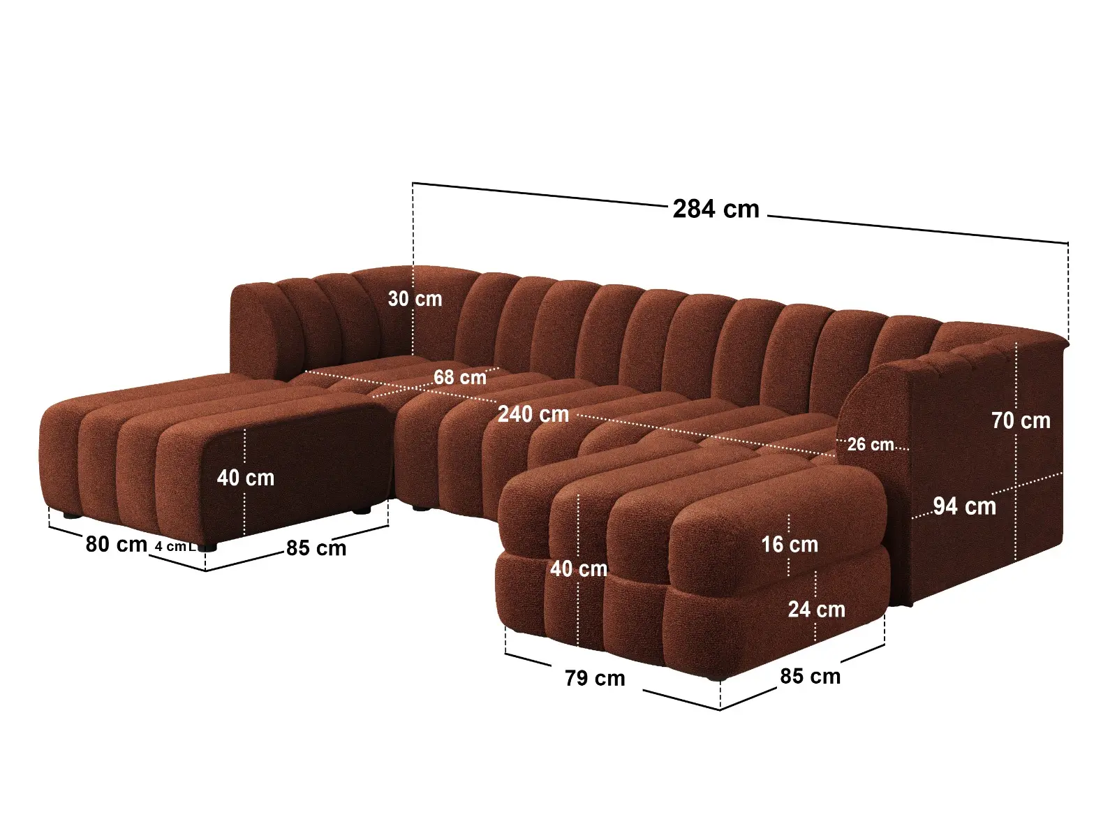 Dimensions diagram for SOLACE+CO Halle Channel Tufted U Shaped Modular Sofa with Storage Footstool
