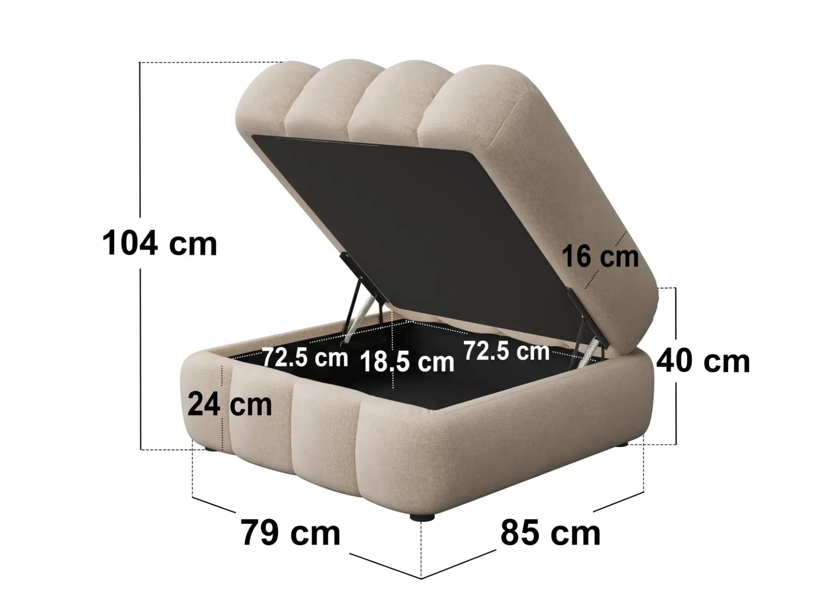 Dimensions diagram for SOLACE+CO Halle Ottoman Storage Footstool Beige Chenille