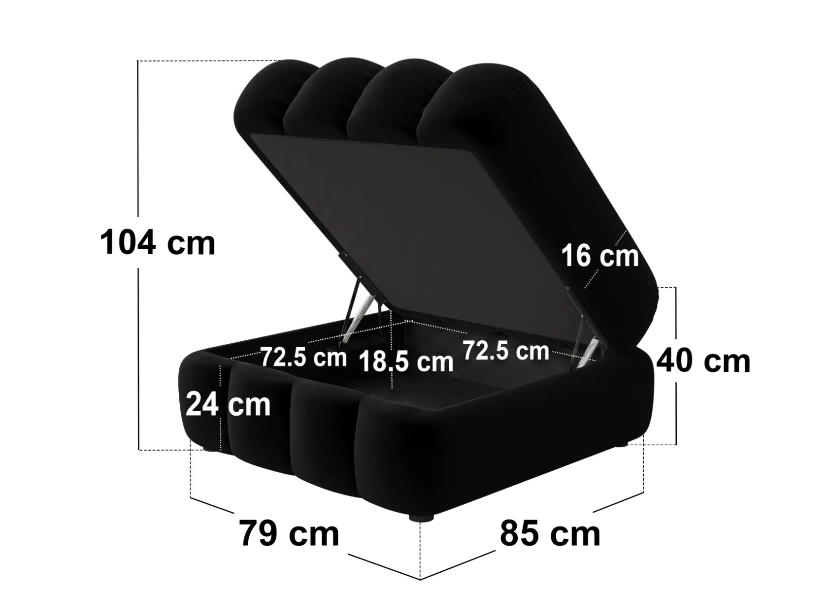 Dimensions diagram for SOLACE+CO Halle Ottoman Storage Footstool Black Velvet