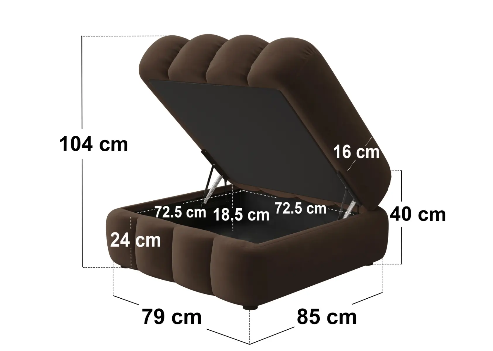 Dimensions diagram for SOLACE+CO Halle Ottoman Storage Footstool Brown Velvet