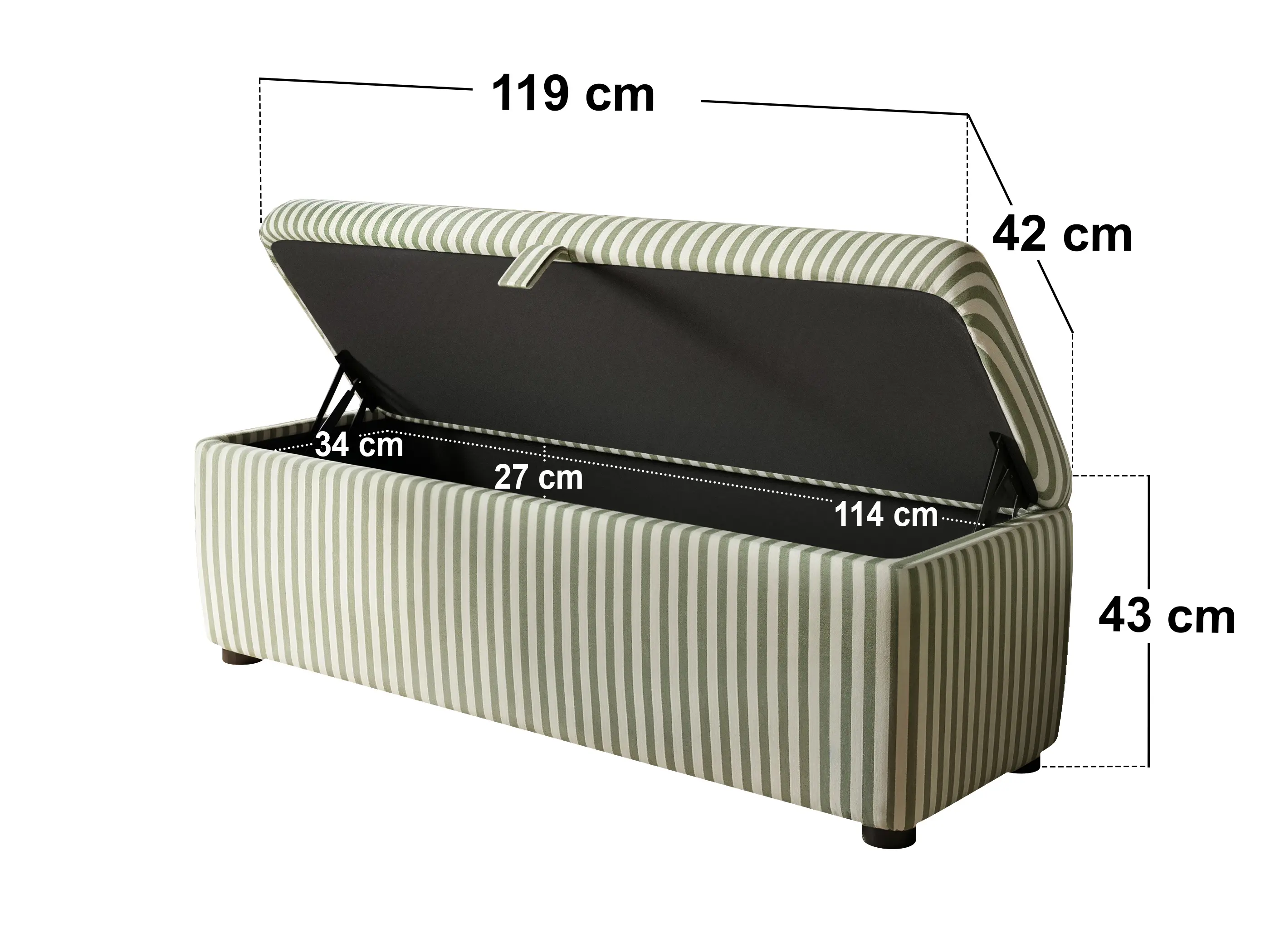 Dimensions diagram for SOLACE+CO Skylynn Ottoman Blanket Box Cream Striped Woven Fabric Cream & Green