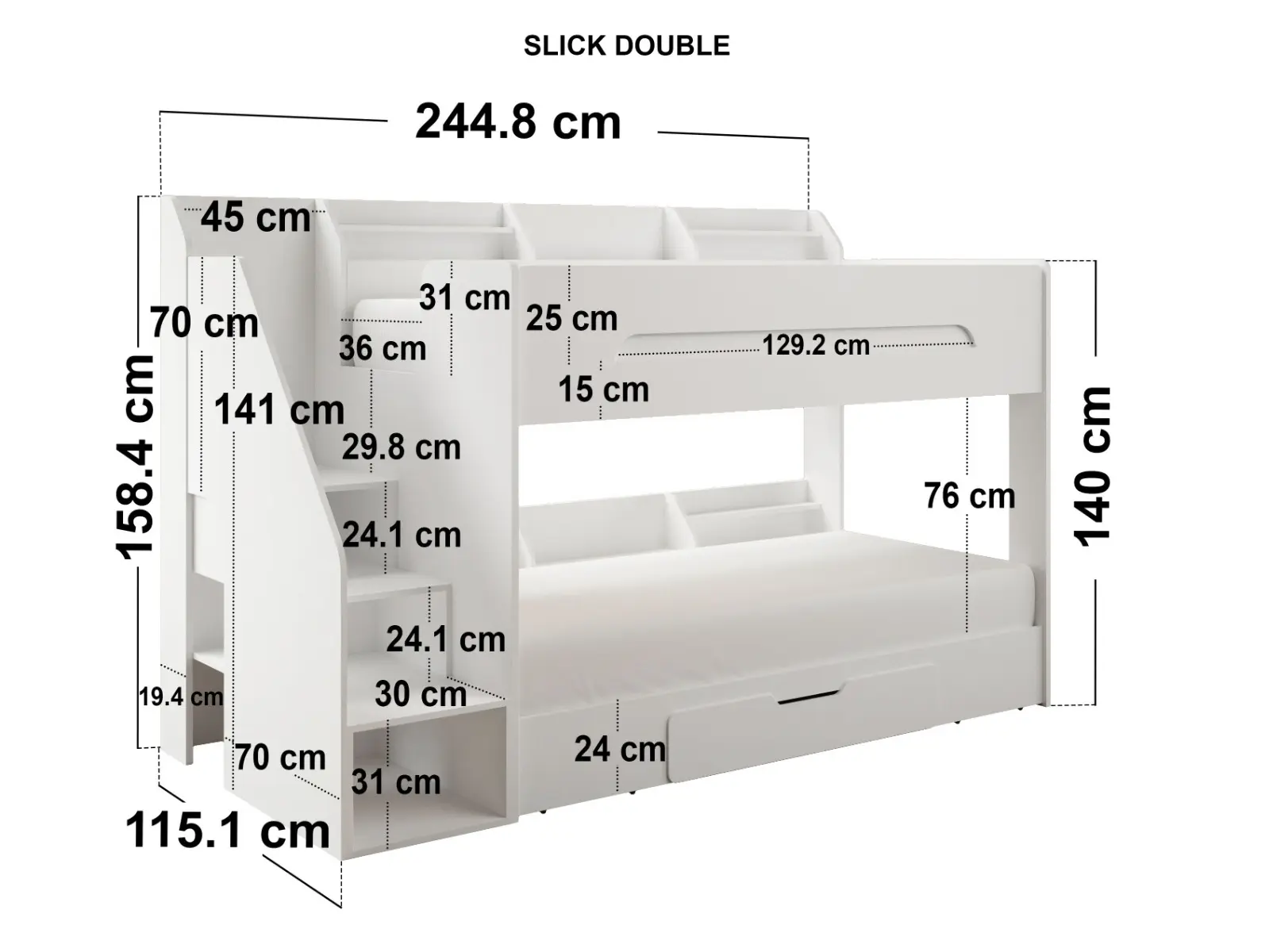 Dimensions diagram for Flair Slick Staircase Bunk Bed White
