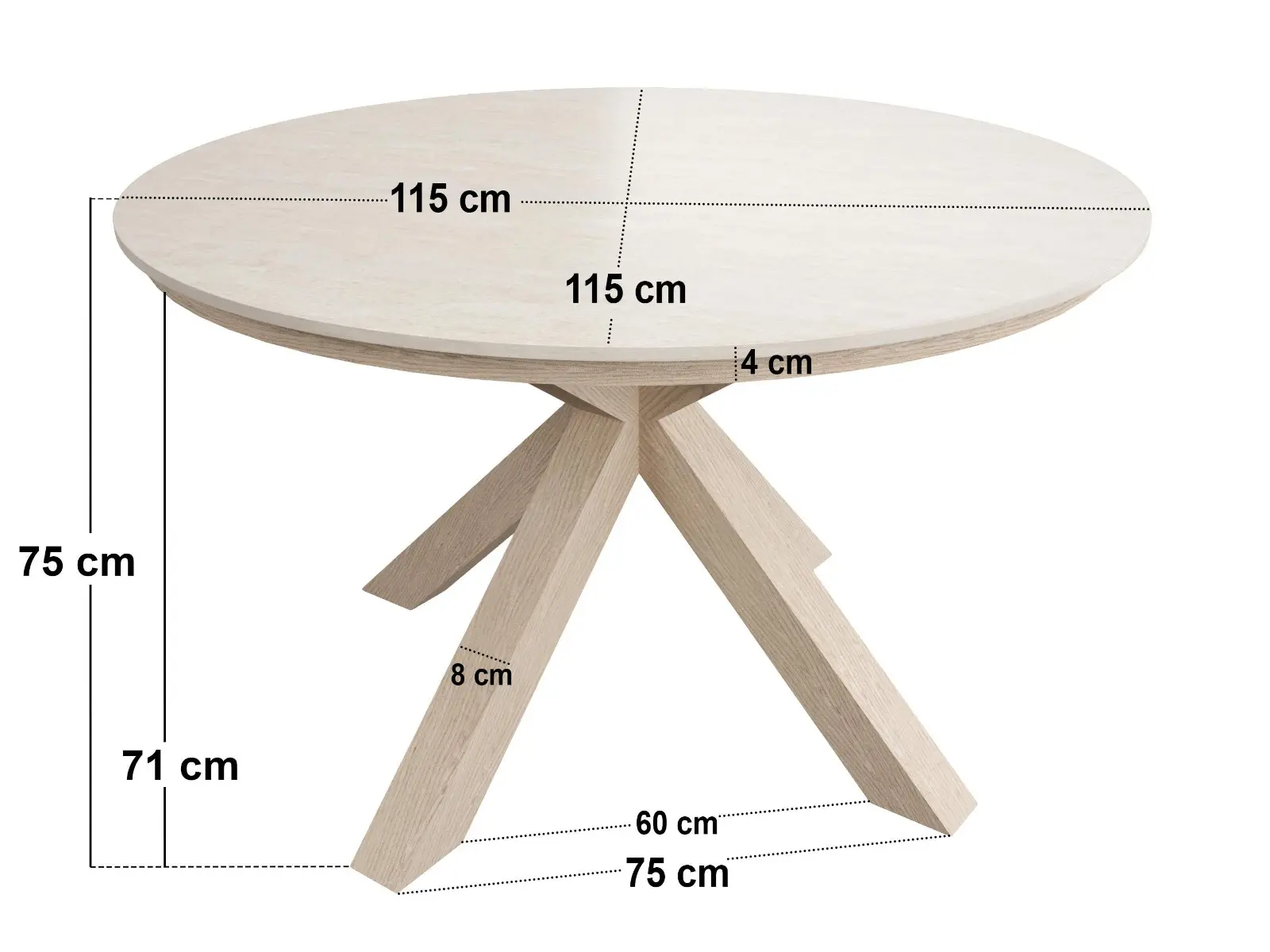 Dimensions diagram for SOLACE+CO Florence Round Garden Sintered Stone Dining Table Wood & Louisa Chairs Beige Set of 4