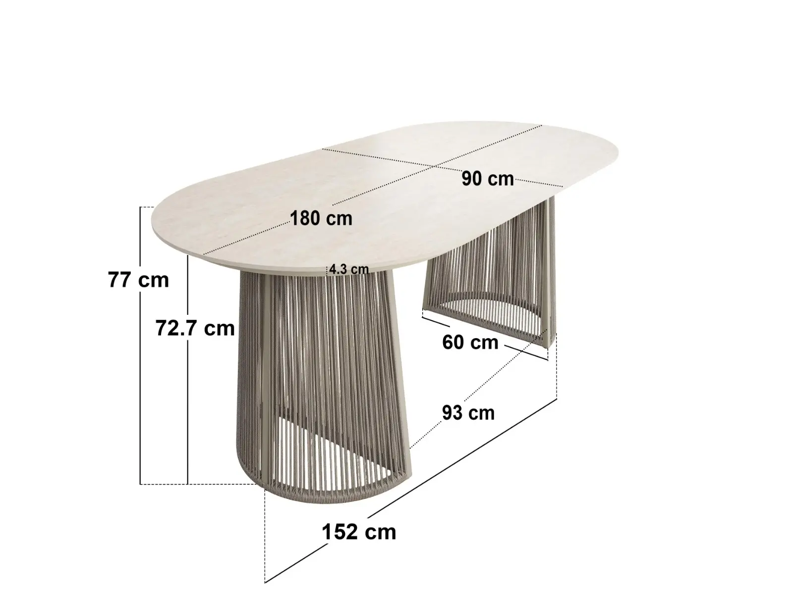 Dimensions diagram for SOLACE+CO Hana Oval Garden Dining Table Beige with Lynden Chairs Set of 4 Beige Rattan