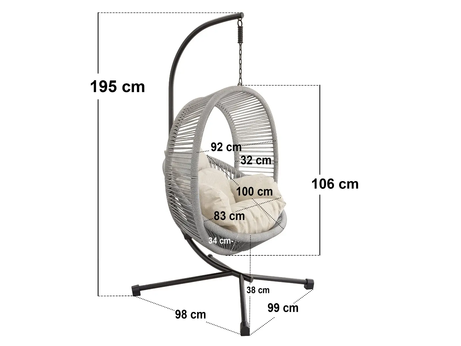 Dimensions diagram for SOLACE+CO Lana Garden Egg Chair Light Beige Rattan