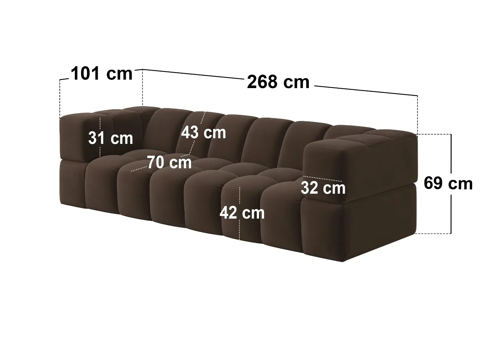 Dimensions diagram for SOLACE+CO Jenson 4 Seater Cloud Bubble Sofa 