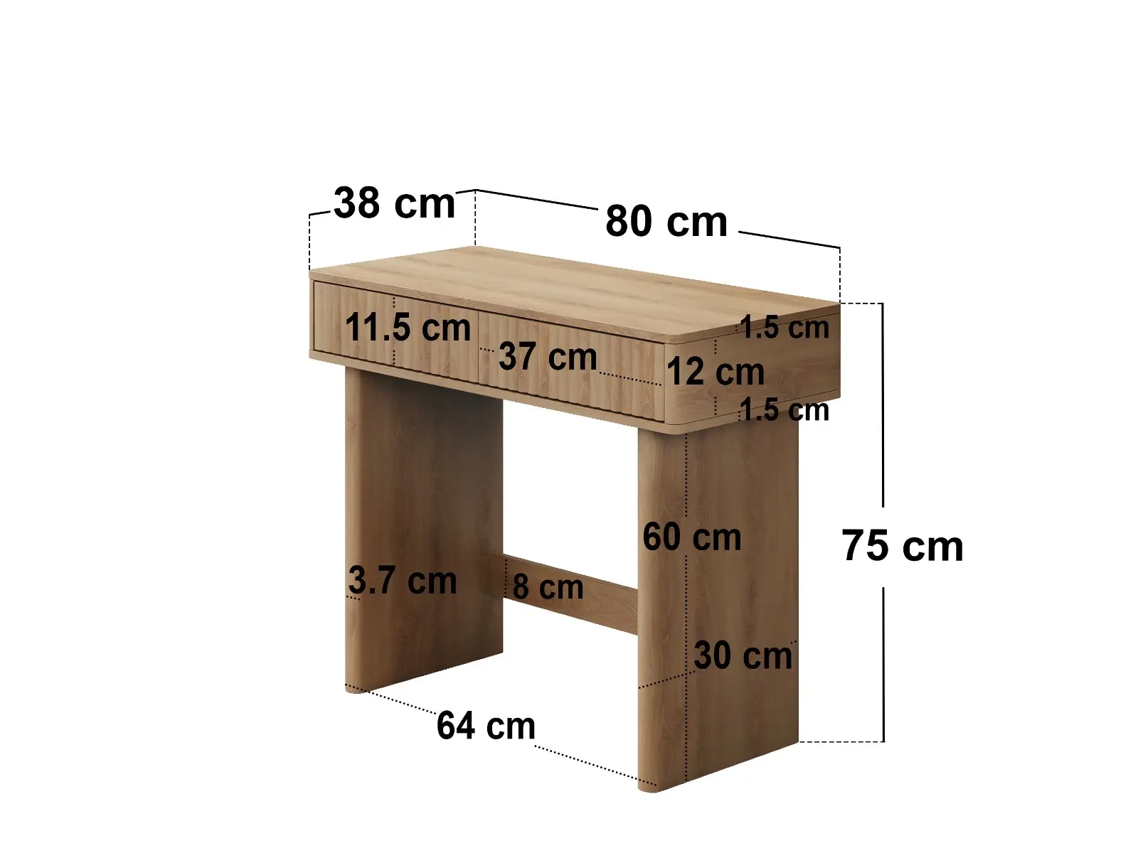 Dimensions diagram for SOLACE+CO Velmor Ribbed Dressing Table Oak