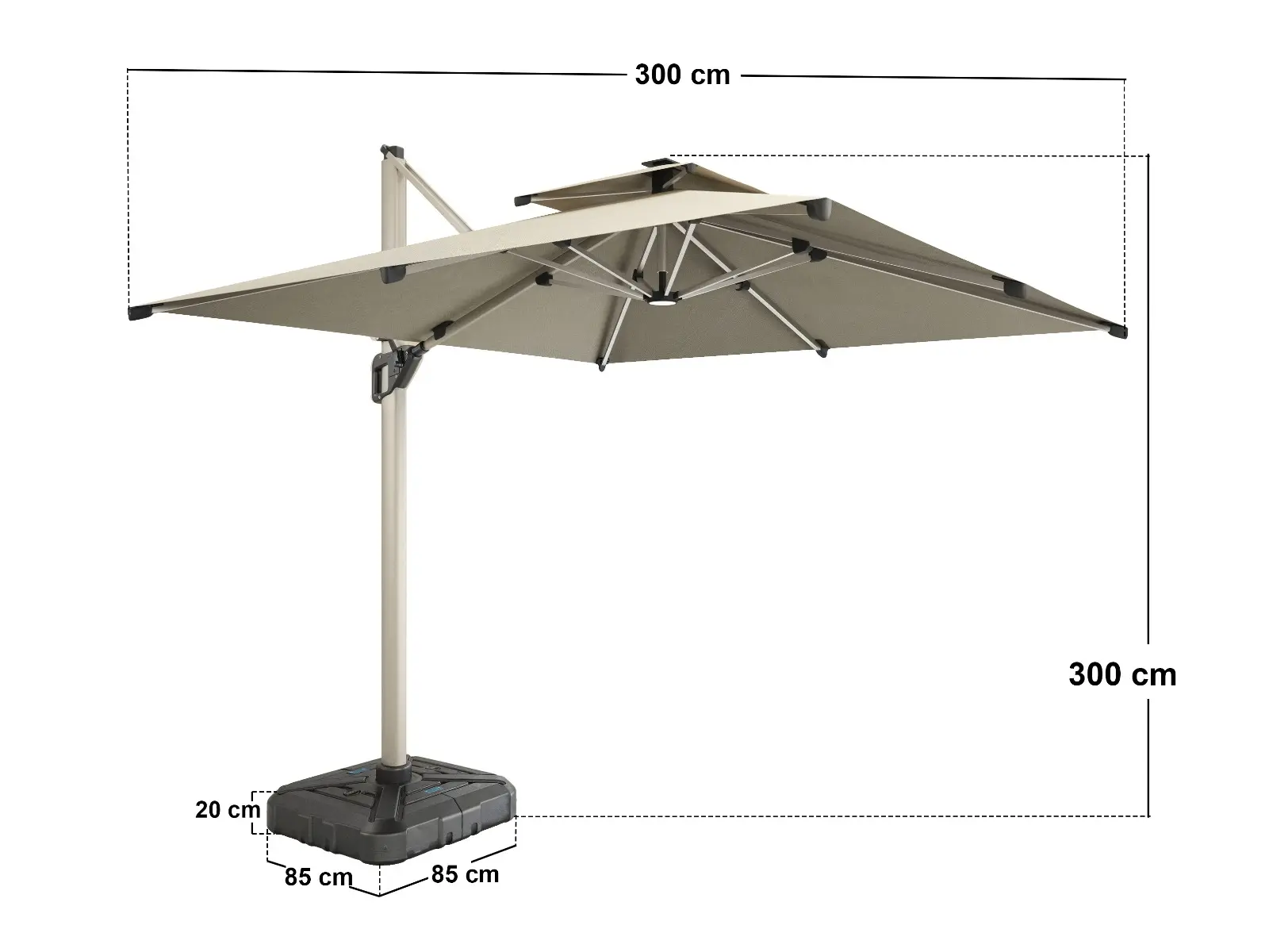 Dimensions diagram for SOLACE+CO Soleil 3m Square Garden Parasol with Solar LED Lights Beige