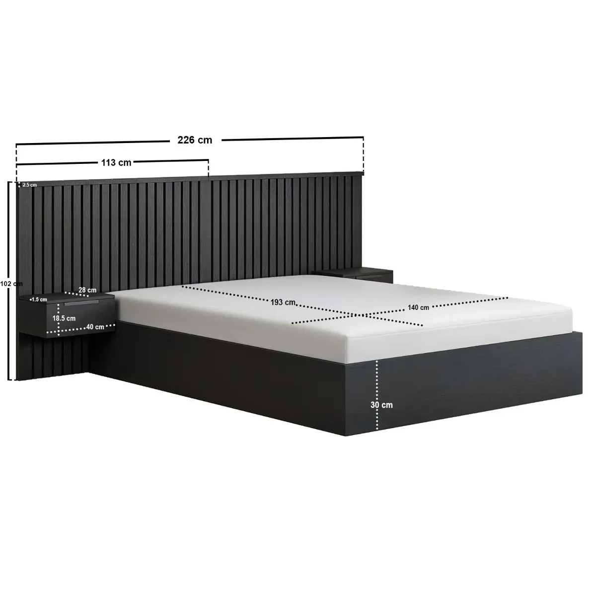 Dimensions diagram for SOLACE+CO Taylor Double Hotel Ottoman Bed with Side Tables Black
