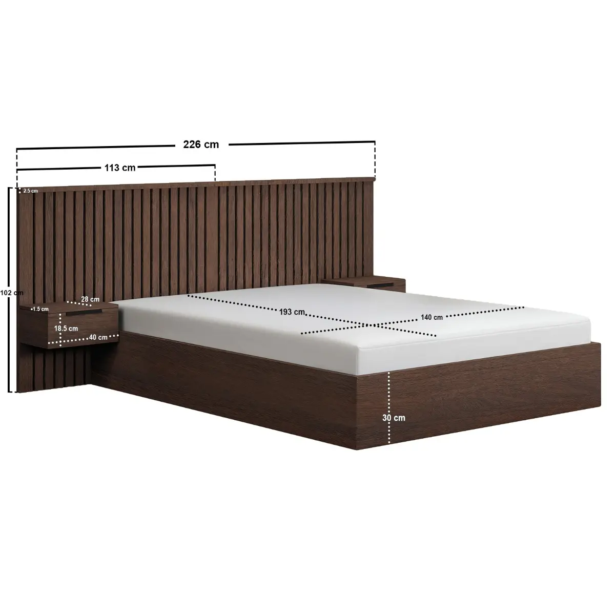 Dimensions diagram for SOLACE+CO Taylor Hotel Ottoman Bed with Side Tables Walnut