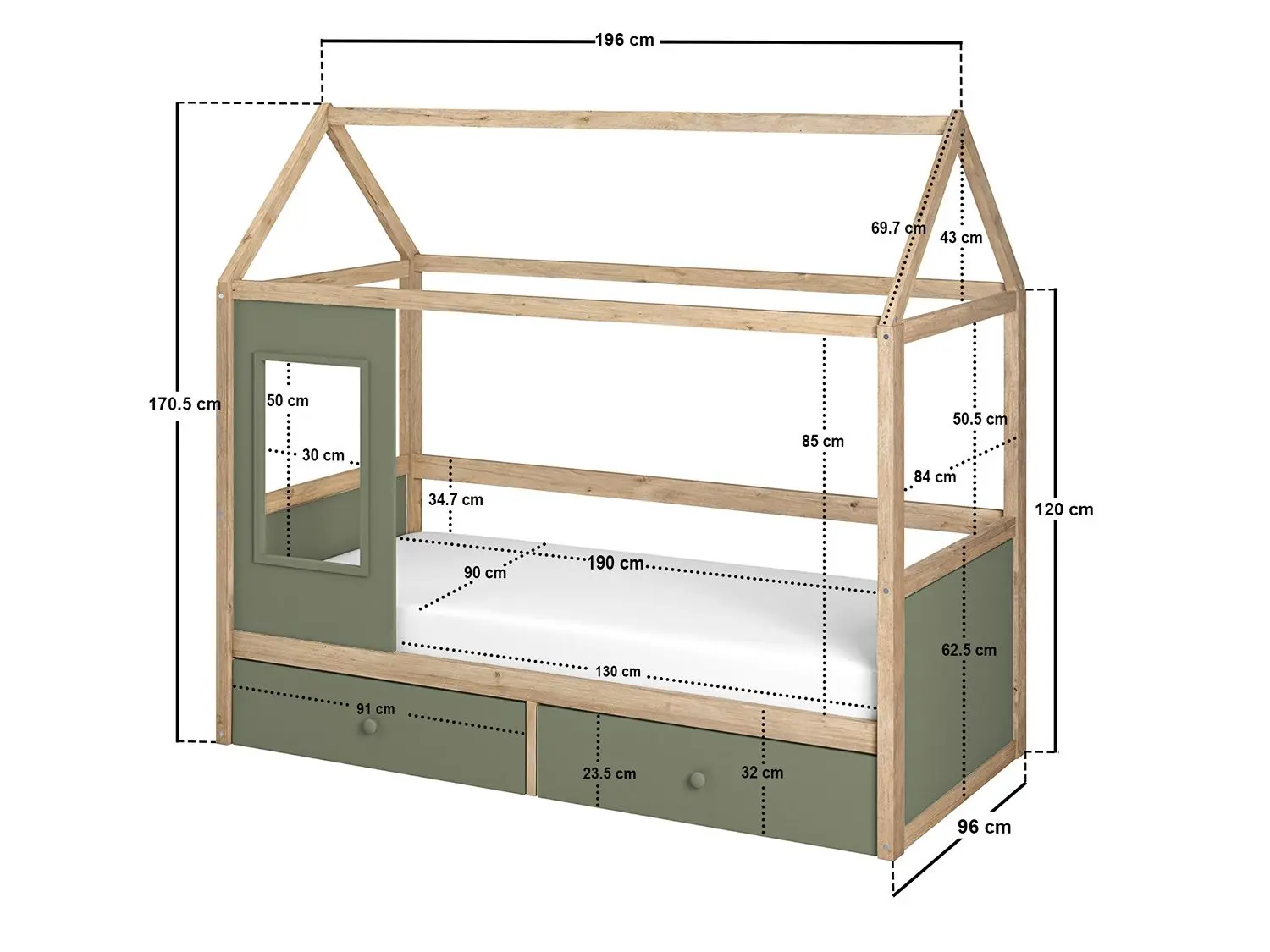 Dimensions diagram for Flair Ted Play House Wooden Bed with Storage Green