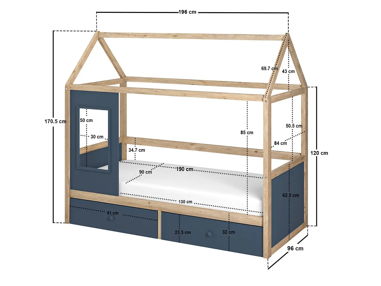 Dimensions diagram for Flair Ted Play House Wooden Bed with Storage Blue