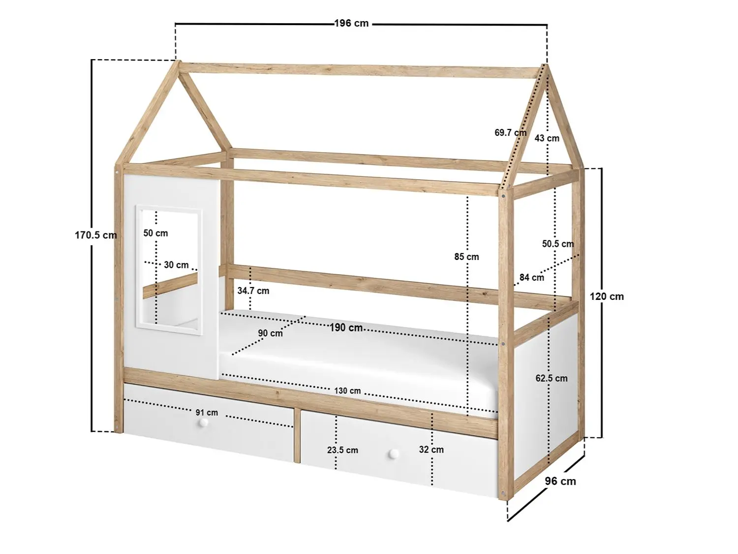 Dimensions diagram for Flair Ted Play House Wooden Bed with Storage White