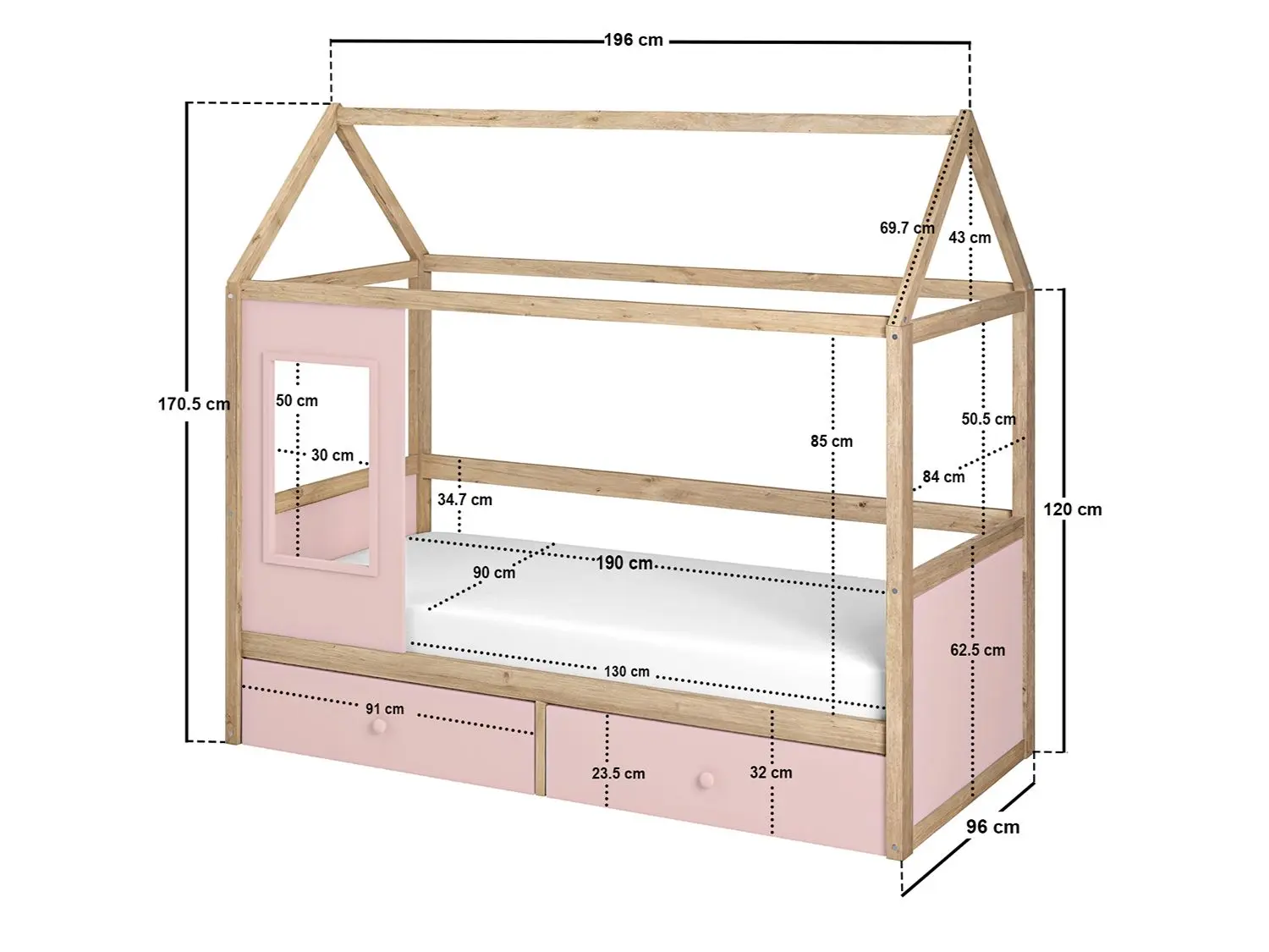 Dimensions diagram for Flair Ted Play House Wooden Bed with Storage Pink