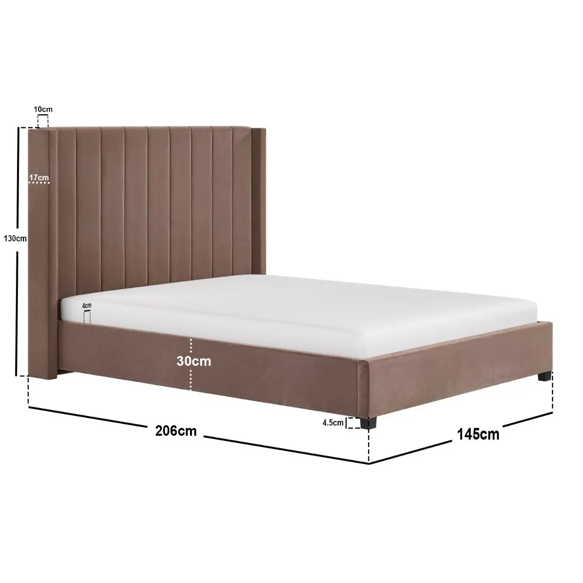 Dimensions diagram for Flair Tiggy Ottoman Bed with Winged Headboard Chocolate Velvet